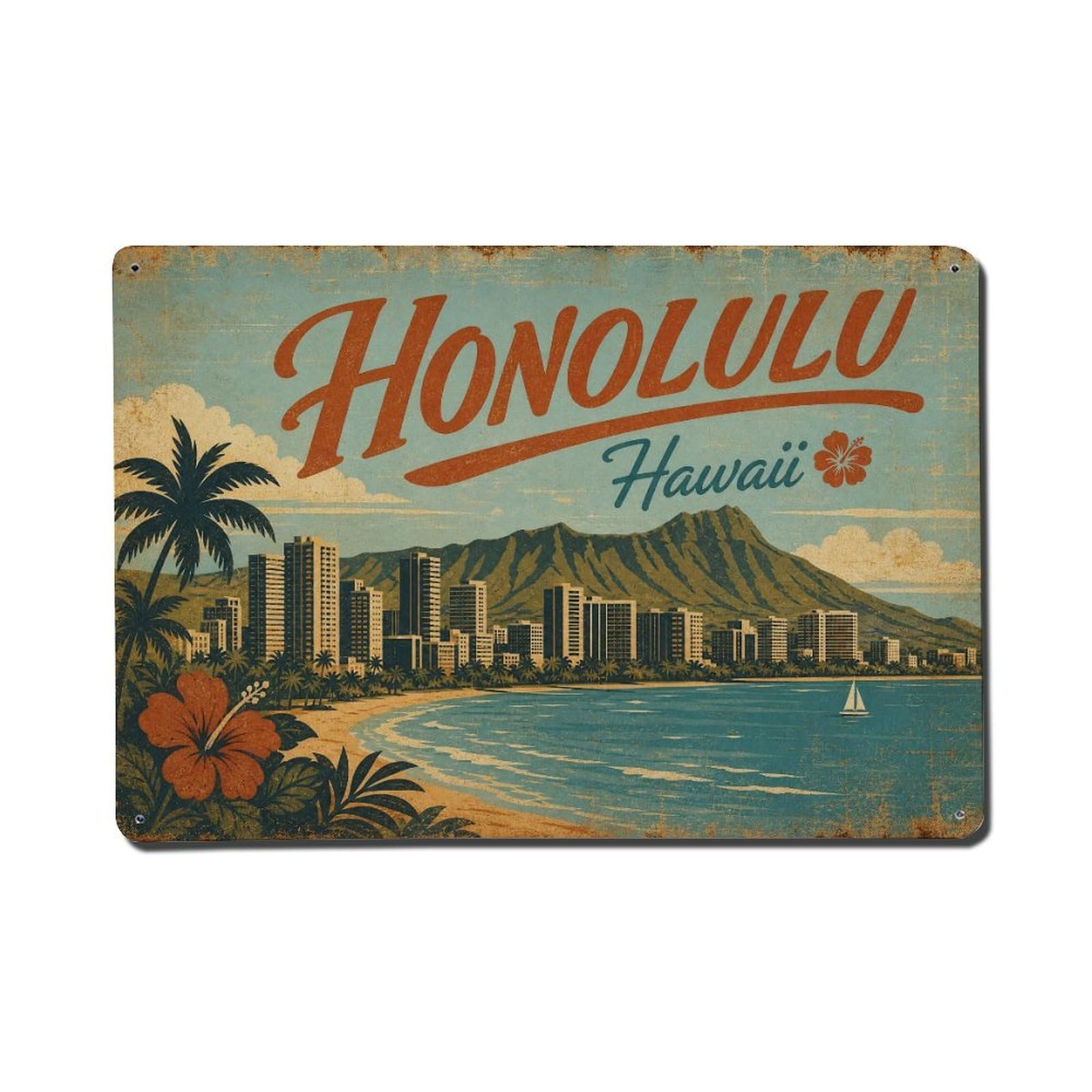 Huiyhb 8X12inch(20X30cm) Vintage Travel Honolulu Hawaii Skyline Metal Tin Sign