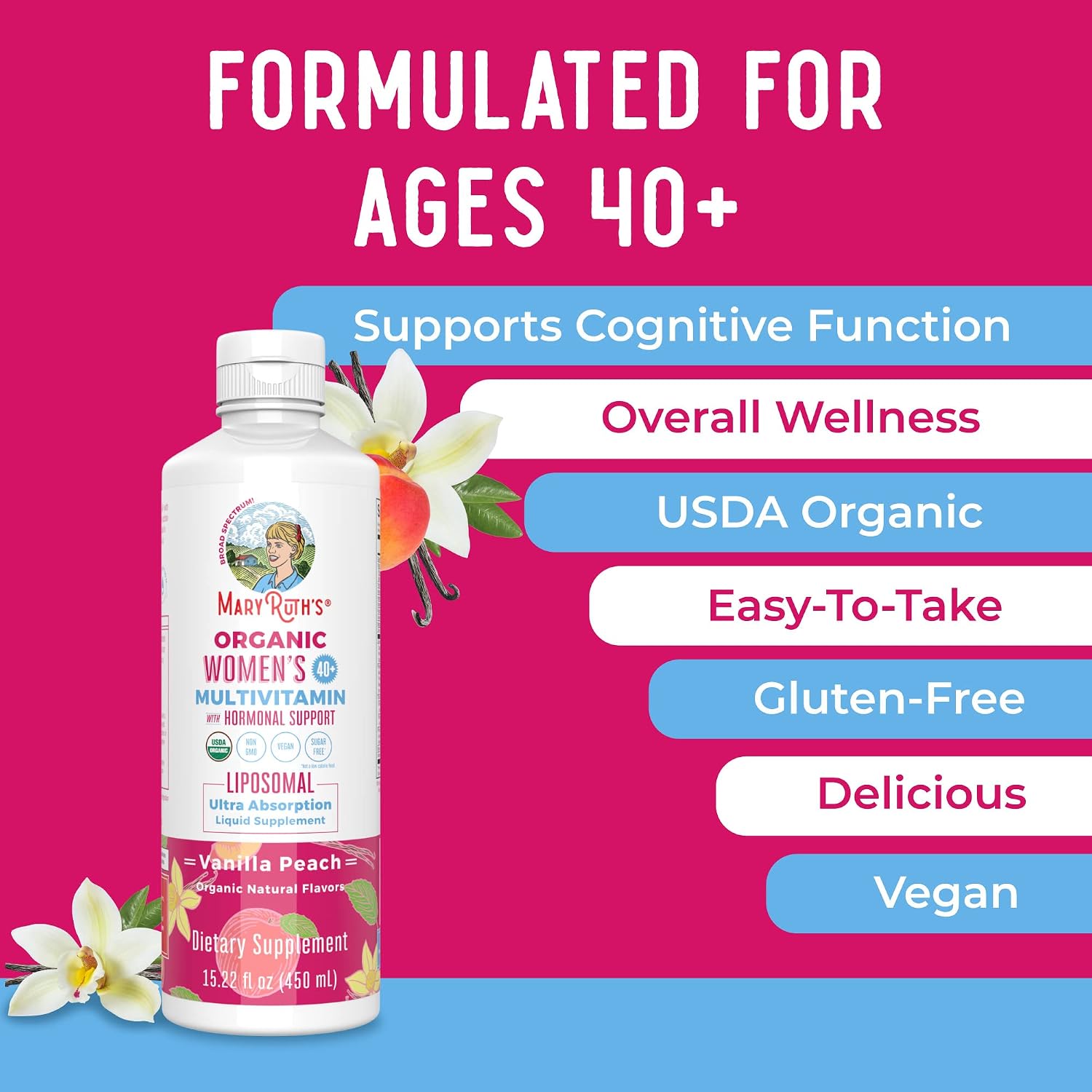 MaryRuth Organics Multivitamin for Women 40+ | Sugar Free Womens Multivitamin | Liquid Vitamins for Women | Immune Support Supplement | Mood Balance | Vegan | Non-GMO | 15.22 Fl Oz