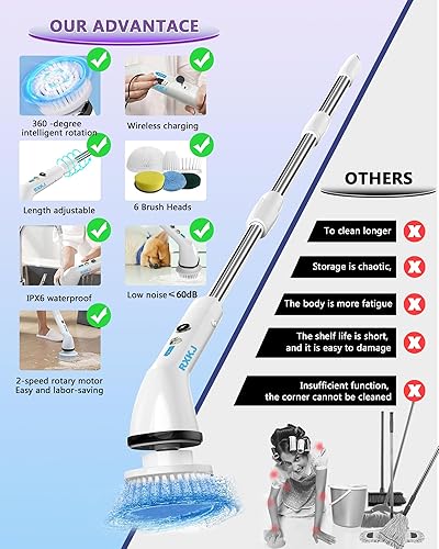 Miniatura 7 de Cepillo eléctrico giratorio  Cepillo de limpieza inalámbrico, cepillo de limpieza eléctrico con 6 cabezales de cepillo reemplazables, limpiador de