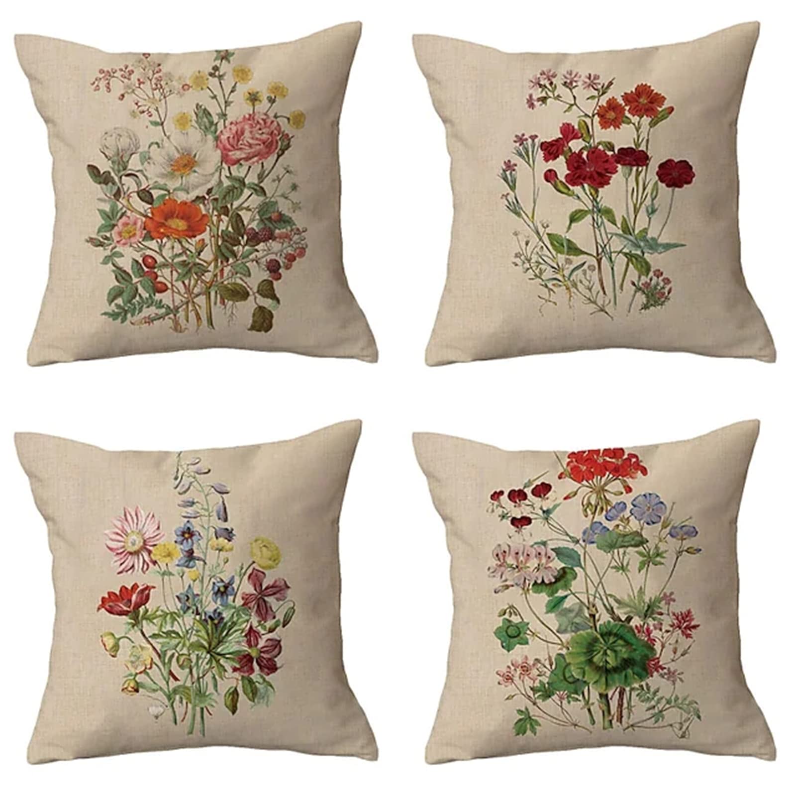 Lieson Sofa kussenslopen 4 Pack, 16 x 16 Vintage kussenslopen 40 x 40 cm marmer patroon bloemen en bladeren decoratieve kussensloop kussensloop roze grijs, linnen