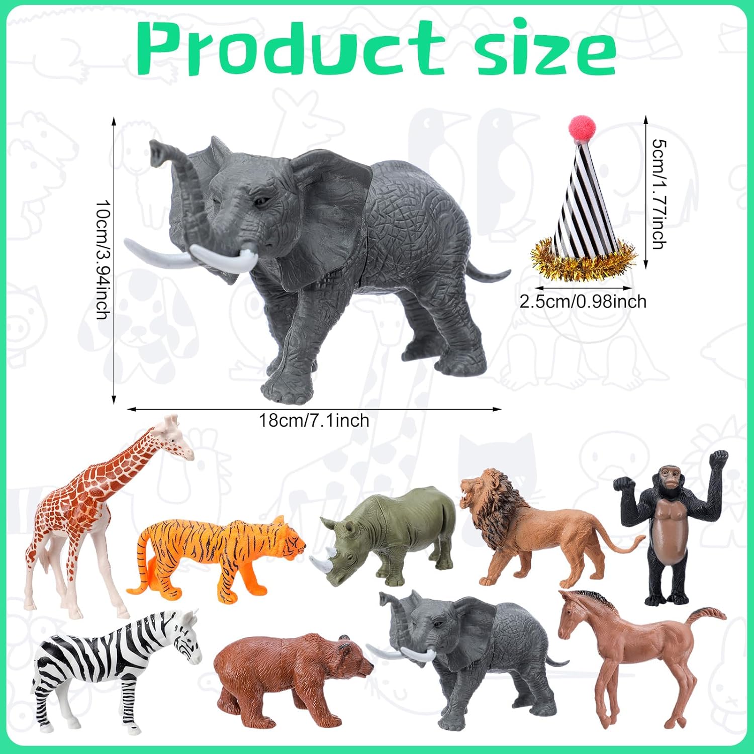 Colingmill 18 Pcs Jungle Animal Birthday Party Decorations Mini Birthday Hat Animal Figure Model Cake Toppers with Mini Hat for Birthday Party, Wild Animals Themed Party