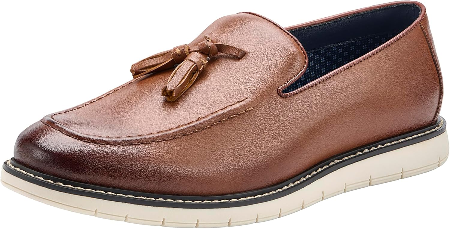 Temeshu Men's Classic Tassel Loafers, Black Brown Dress Shoes with White Sole, Slip-on Casual Business Footwear DS28