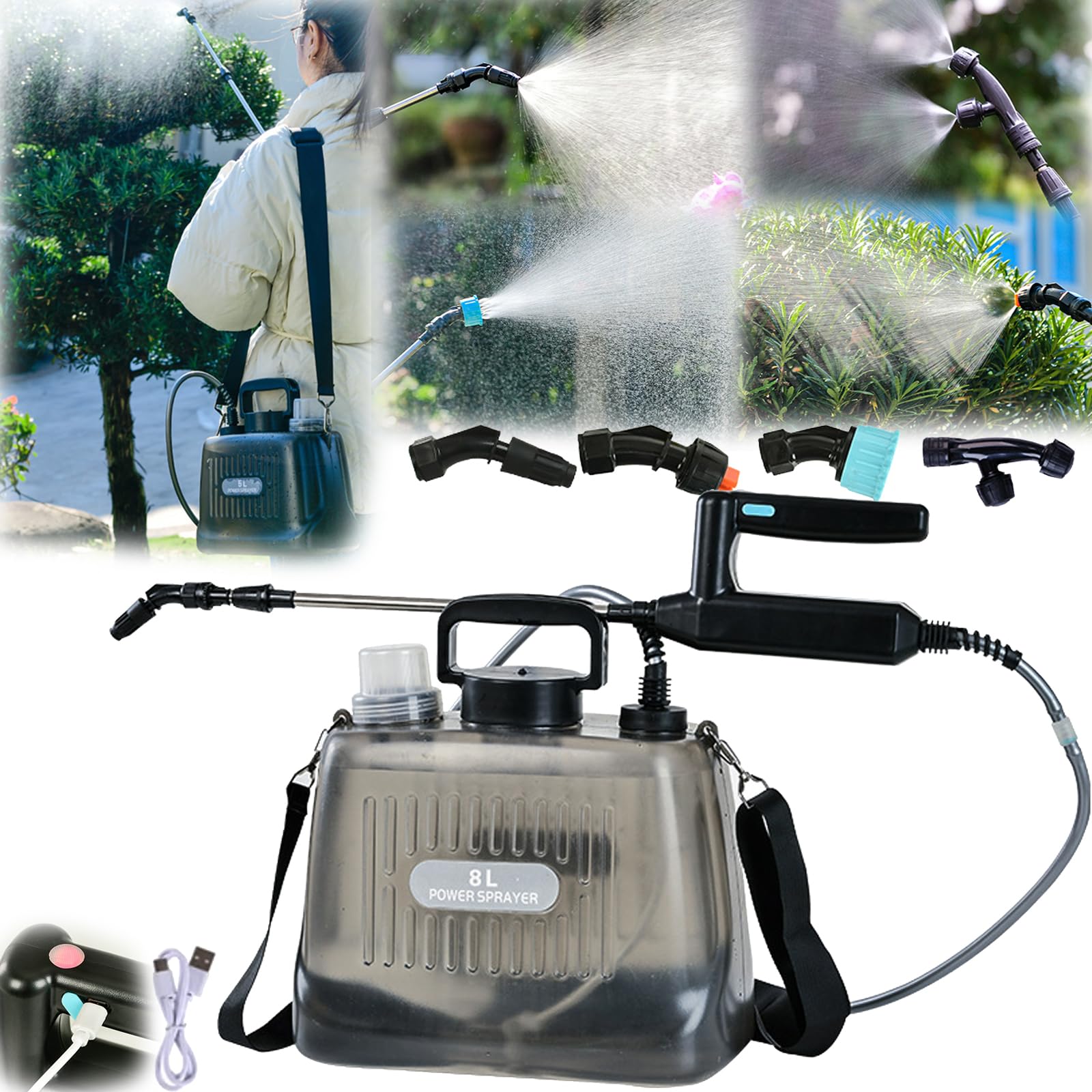 Pulverizador Presión, 8L Batería Pulverizador Jardín con Lanza 4 Boquillas Pulverización Ajustables Pulverizador Mochila con Batería 2400Mah Bomba Automática Lanza Telescópica Tanque Transparente