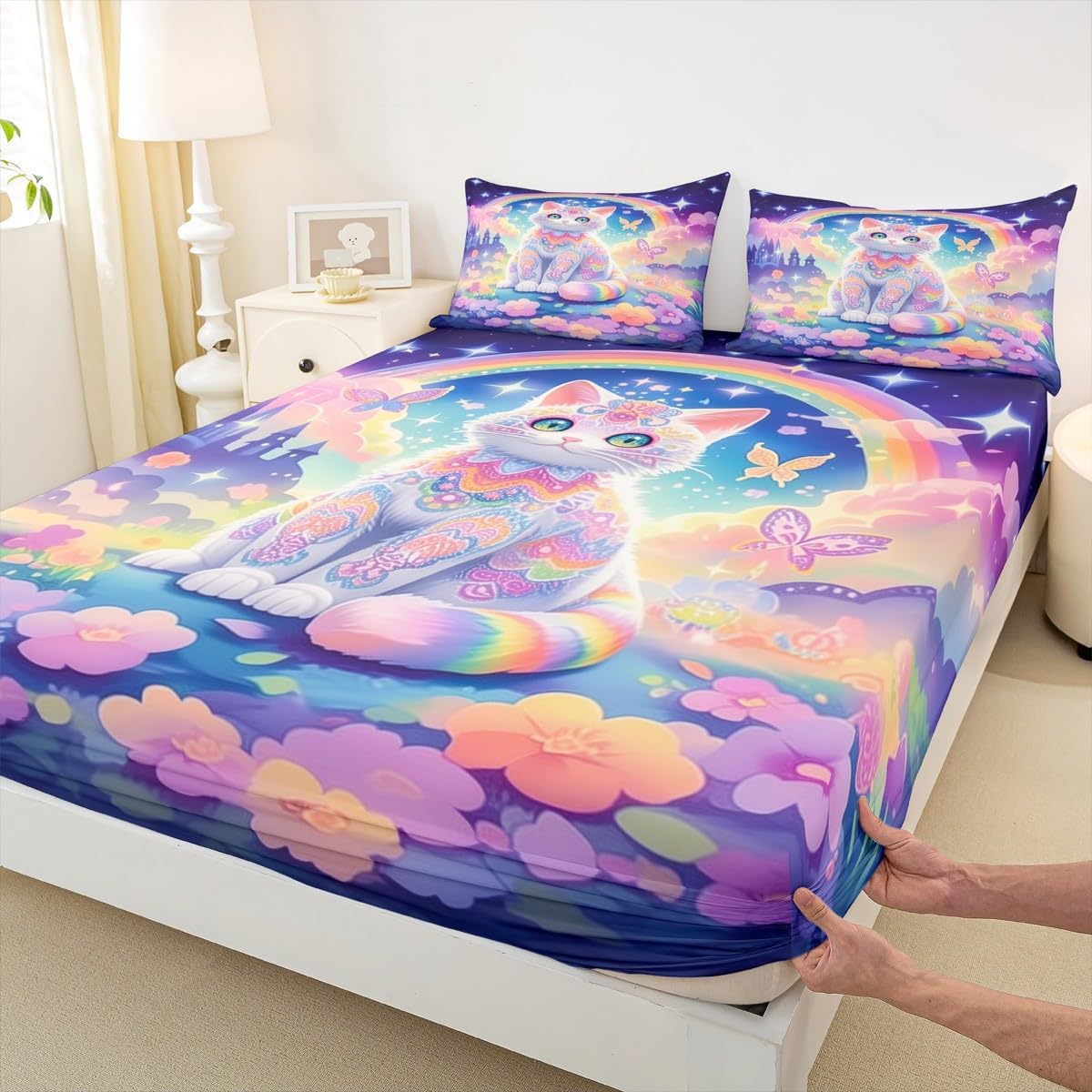 Japanese Style Cherry Blossoms Flower Full Size Fitted Sheet No Top Sheet,Aniamls 3 Pieces Kids Teenager Room Decor Panda Wildlife Animals Pocket 2 Pillowcases