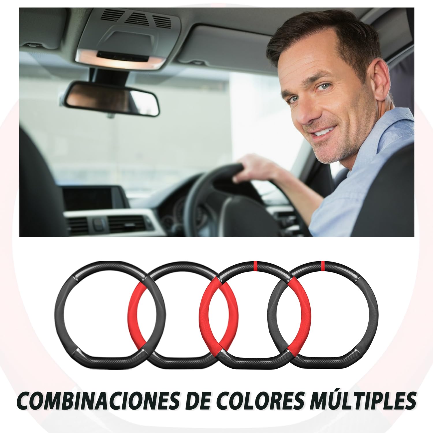 Ergocar Funda Volante De Coche Antideslizante Volante De Coche Protector Forma De D Fibra de Carbono & Cuero PU Para Diámetro 38cm (15 ") (Negro)