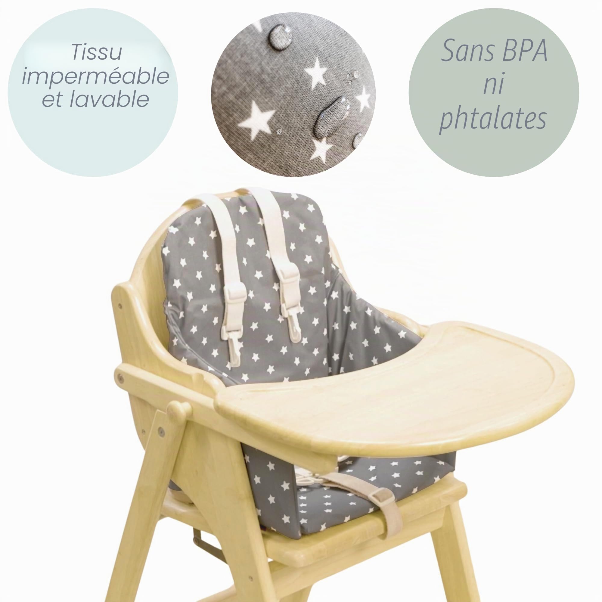 Coussin de chaise haute. Convient aux chaises EAST COAST et à autres chaises hautes en bois. Facile à installer, lavable avec un chiffon. Bien rembourré (gris avec étoiles blanches)