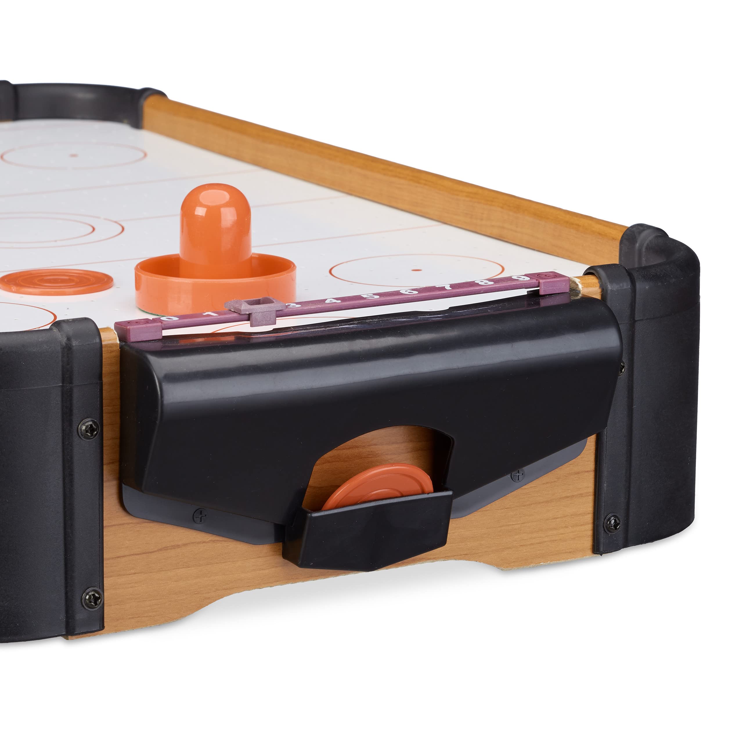 Relaxdays Hockey de table, air hockey de table, Mini Hockey, à emporter, accessoires vacances, lxP: 56 x 31 cm, brun