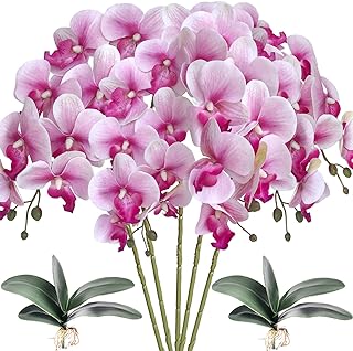 HinyoCo 5 Pcs Artificial Orchid Flowers and 2 Bundles Leaves,Artificial Phalaenopsis Flowers 32 Inch Stem Plants for Home Wedding Decoration (White Flower Purple Core)