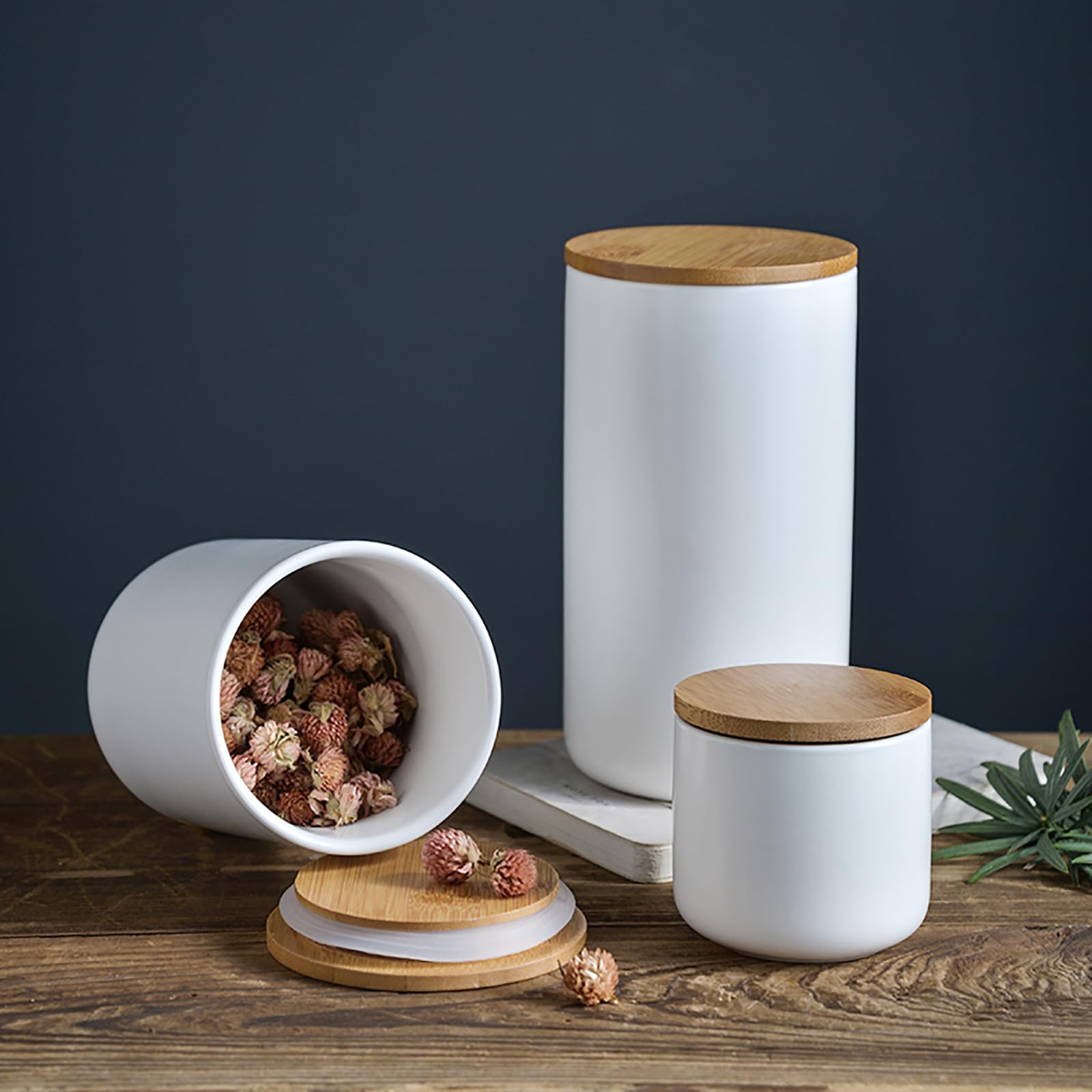Modernes Design Frischhaltedose mit luftdichtem Holzdeckel, Keramik-Lebensmittelaufbewahrungsdose, Frischhaltedose für Kaffee, Zucker, Tee, Gewürze usw. (Weiß, 260 ml)