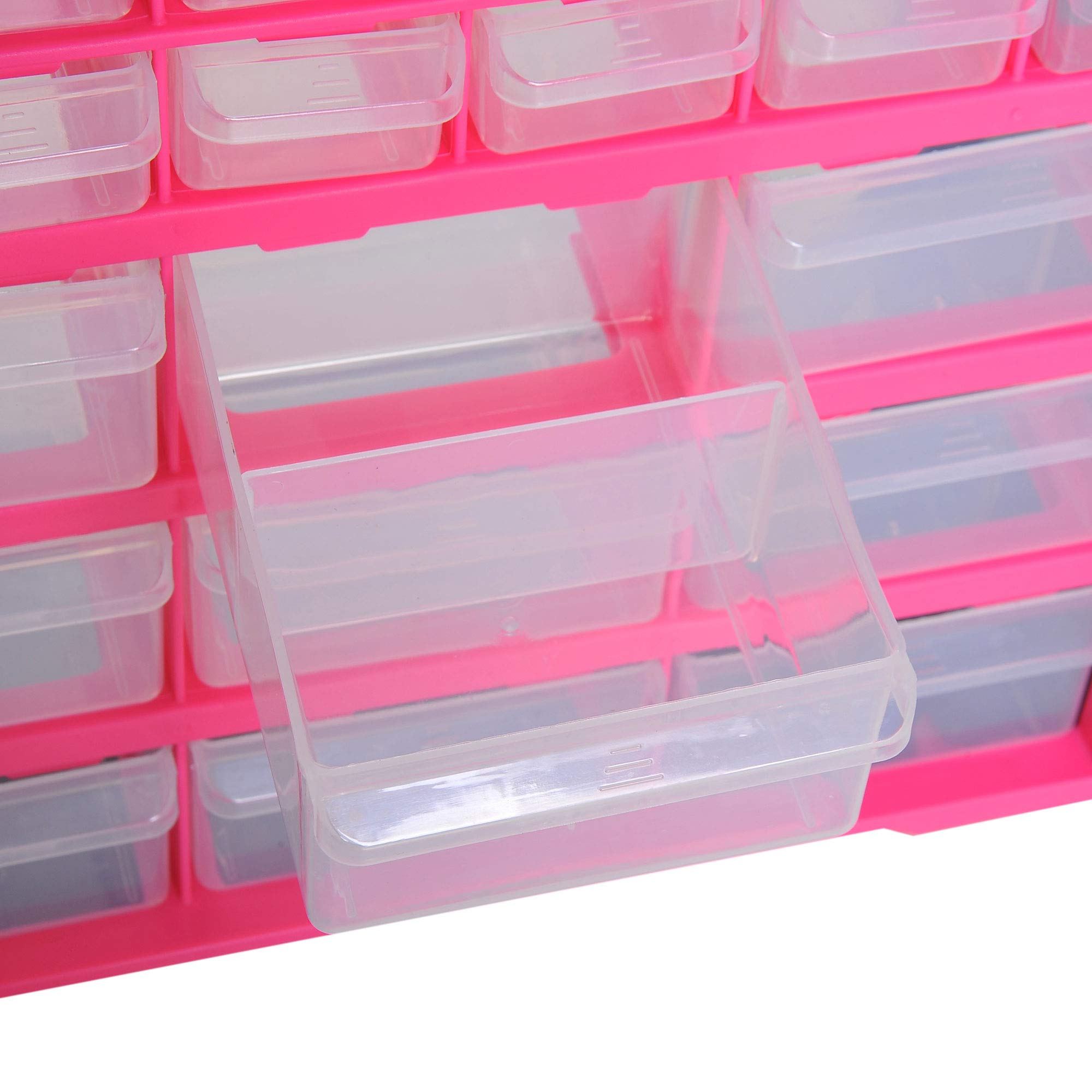 DURHAND Cajonera de plástico con 39 cajones transparentes, montaje en pared o en el suelo, 38 x 16 x 47,5 cm, rosa