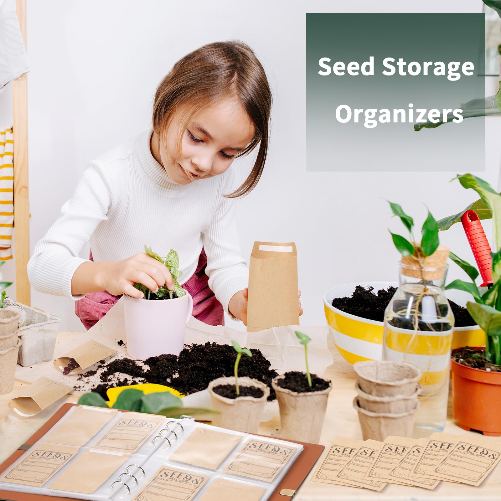 Carpeta organizadora de almacenamiento de semillas de jardín, 150 sobres de semillas resellables, carcasa marrón con 40 protectores de hojas para una organización eficiente de paquetes de semillas,