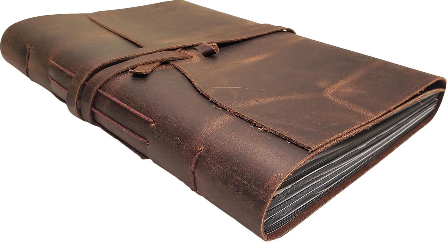 Large Vintage Leather Photo Album with Black Pages - Scrapbook Style Pages with Gift Box - Holds 100 4x6 or 5x7 Photos