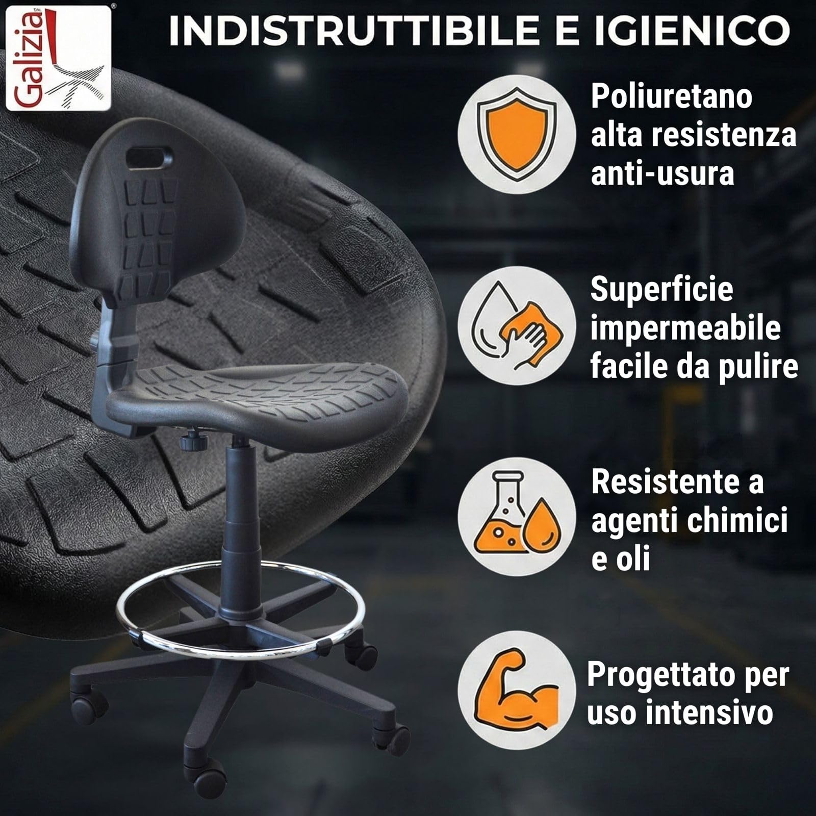SGABELLO GIREVOLE, SEDILE E SCHIENALE IN POLIURETANO, ELEVAZIONE A GAS, BASE E POGGIAPIEDI IN PLASTICA, CON RUOTE, SCHIENALE REGOLABILE, CONTATTO PERMANENTE, PRODOTTO ITALIANO