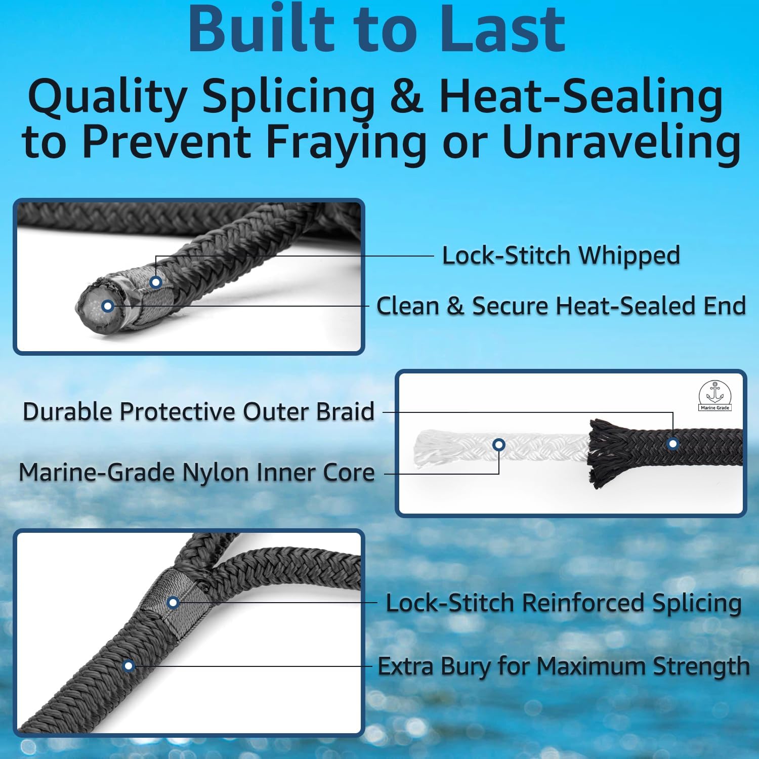 Boat Dock Lines 1/2" x 15' - Double Braided Nylon Boat Ropes for Docking with 12" Loop, Marine-Grade High Strength Boat Lines Dock Rope, Premium Marine Rope Mooring Lines, Easy Handling - 4 Pack,Black - Image 5
