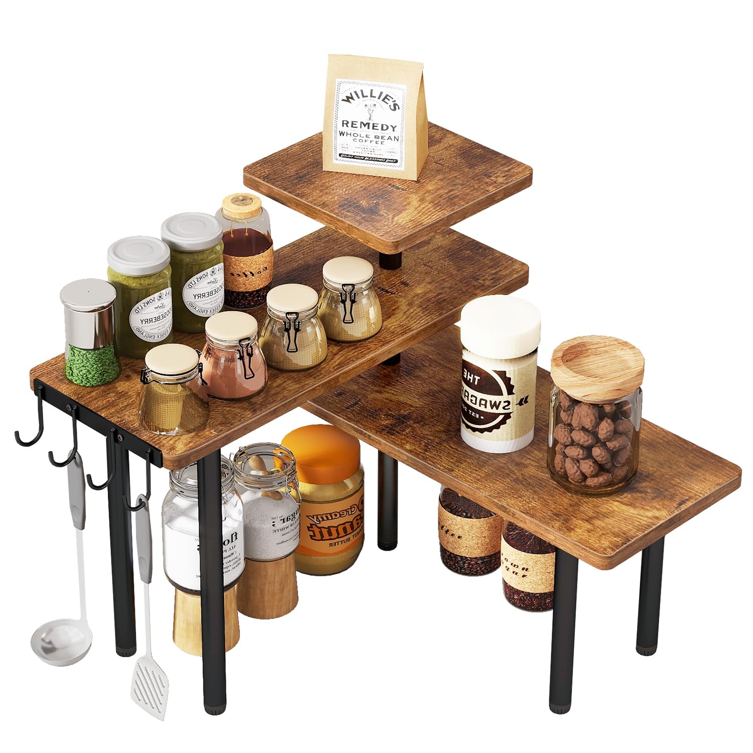 IBUYKE Estantería esquinera para Cocina, Estante para Especias de 3 niveles,4 ganchos,organizador de almacenamiento de especias,Estante de Pie,para baño, mostrador,armario,marrón rústico,TLJ023H
