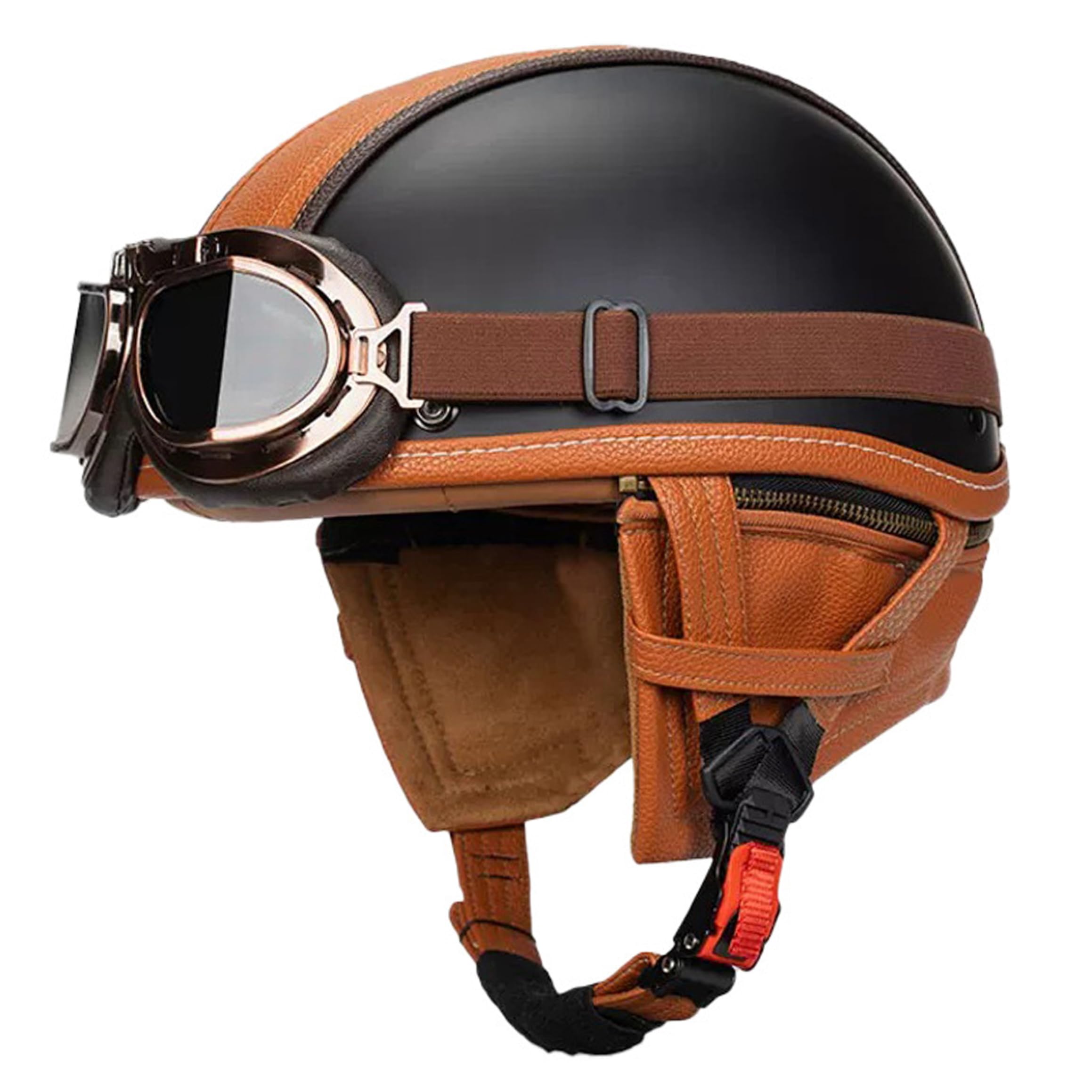 Medio Casco de Estilo Alemán con Gafas, Casco Retro Jet para Hombre, Negro Mate