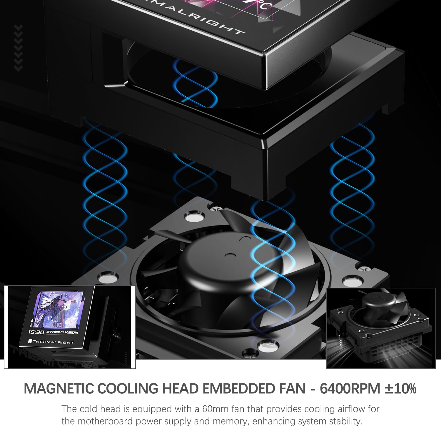 TR-Thermalright Stream Vision 360 Black Liquid CPU Cooler, schermo LCD IPS da 3,5 pollici con risoluzione 680 x 480 magnetica, testa fredda con ventola incorporata integrata, radiatore da 360 mm, per