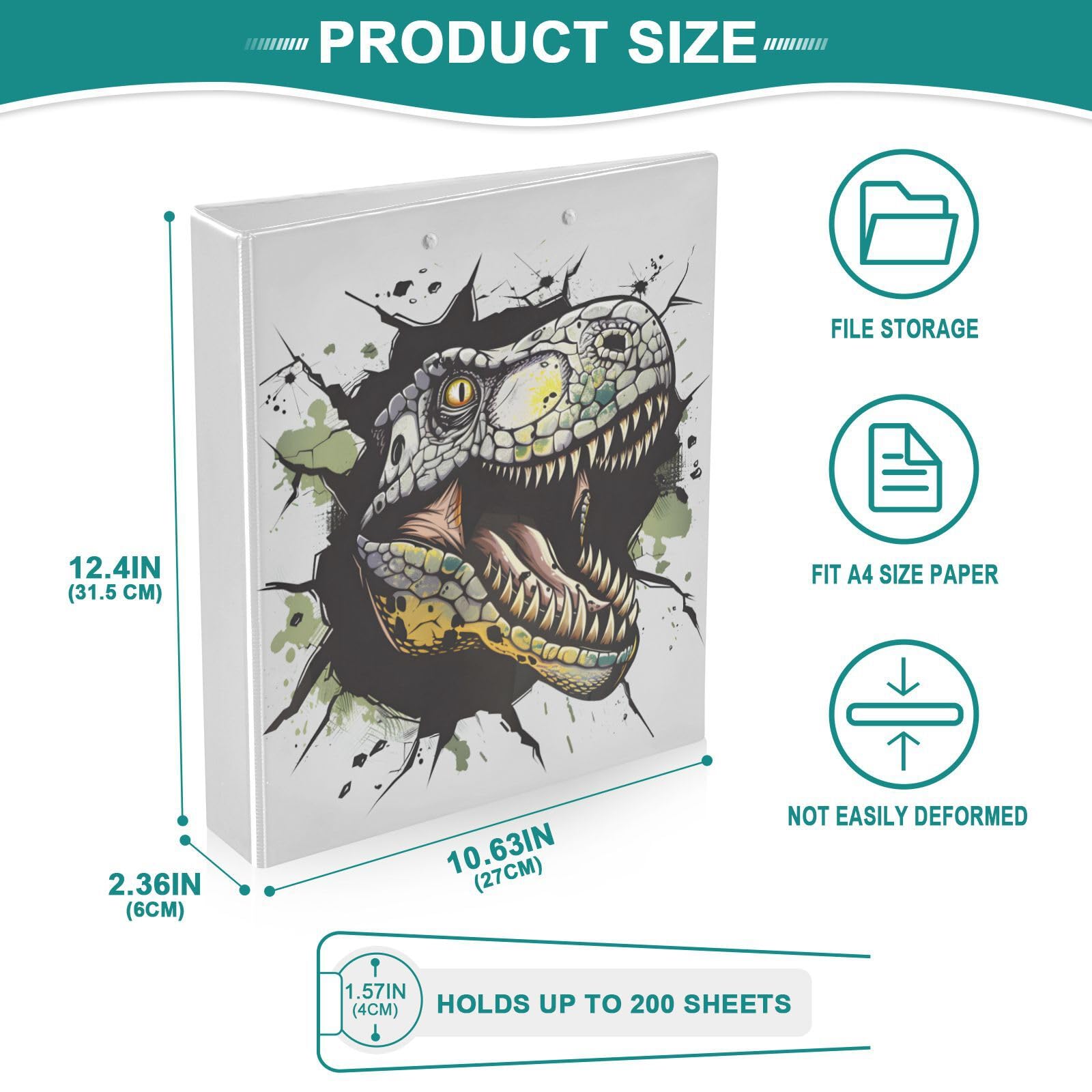 JIPONI Raccoglitore a 3 anelli a forma di dinosauro disegnato a mano, 2,5 cm, per uomini, donne, studenti, grazioso organizer per documenti per ufficio e scuola, 1 pezzo