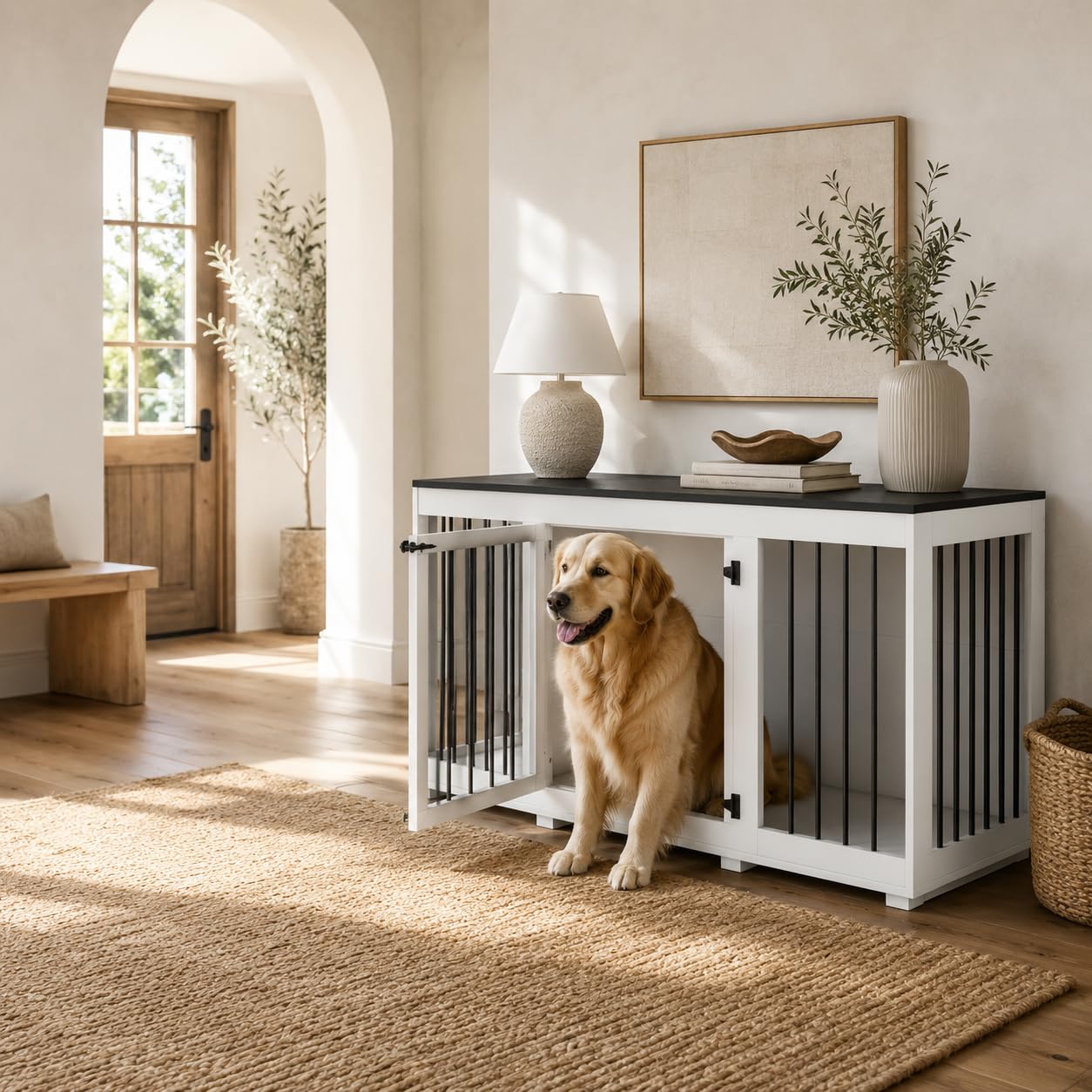 Hundekäfig, Hundekäfig, Möbel, Hundehütte für Zuhause, Hundehaus für drinnen, Hundebox mit Tür Hundekissen, für große mittelgroße kleine Hunde, MDF + Eisen, 136 x 70 x 56 cm, weiß