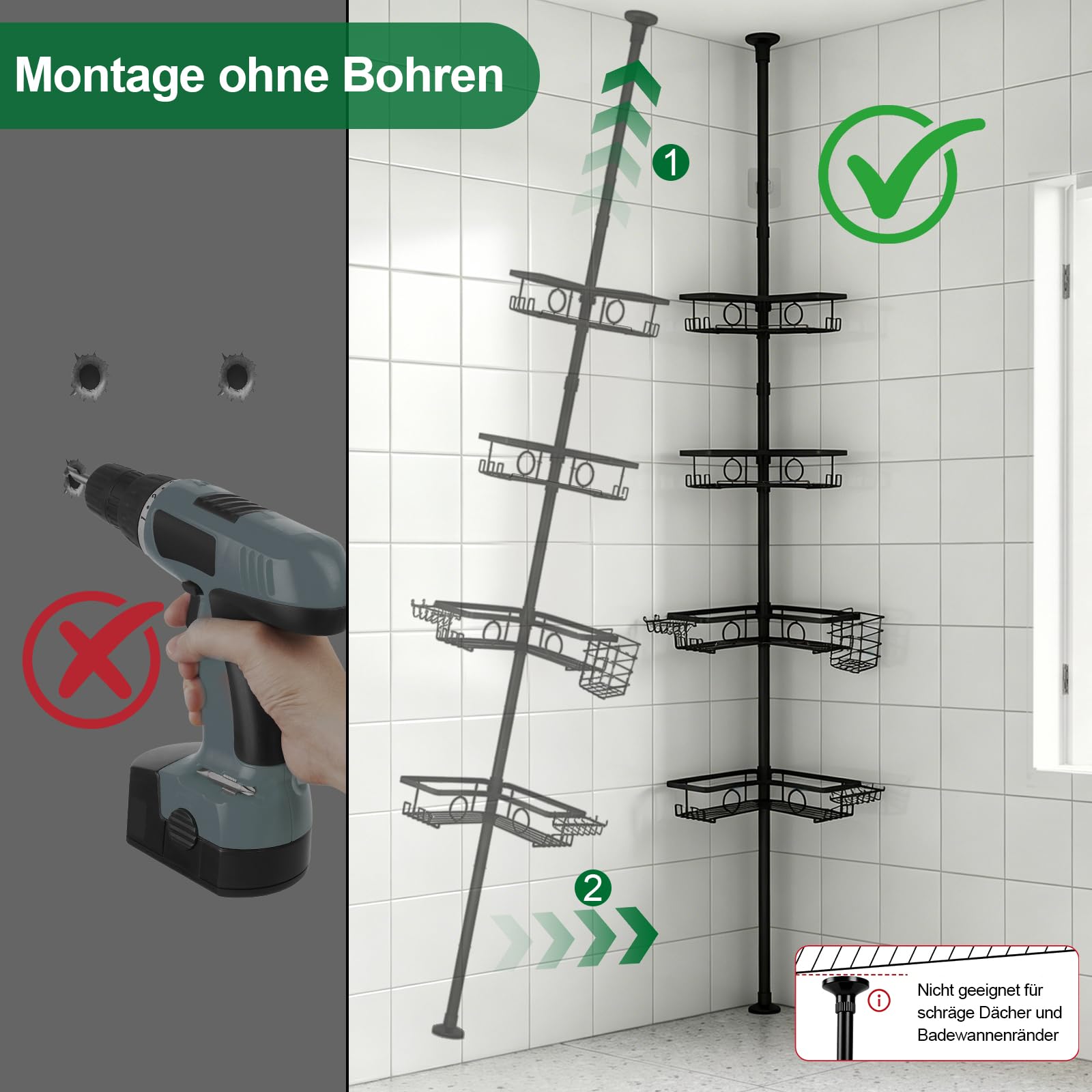 Duschregal ohne Bohren, 105-304cm, Edelstahl rostfrei, für Badezimmer