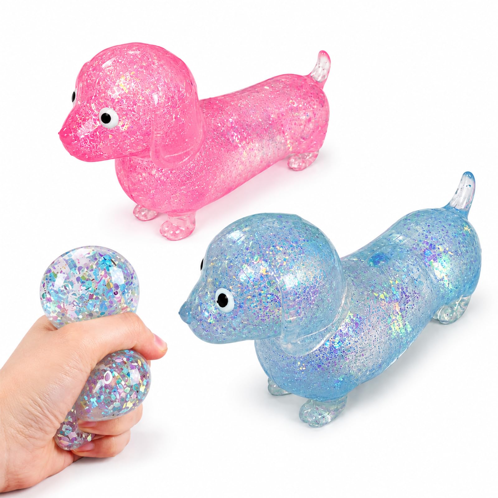 Elowen 2 Pack Sausage Dog Squishy Toys, Pink and Blue Glitter TPR