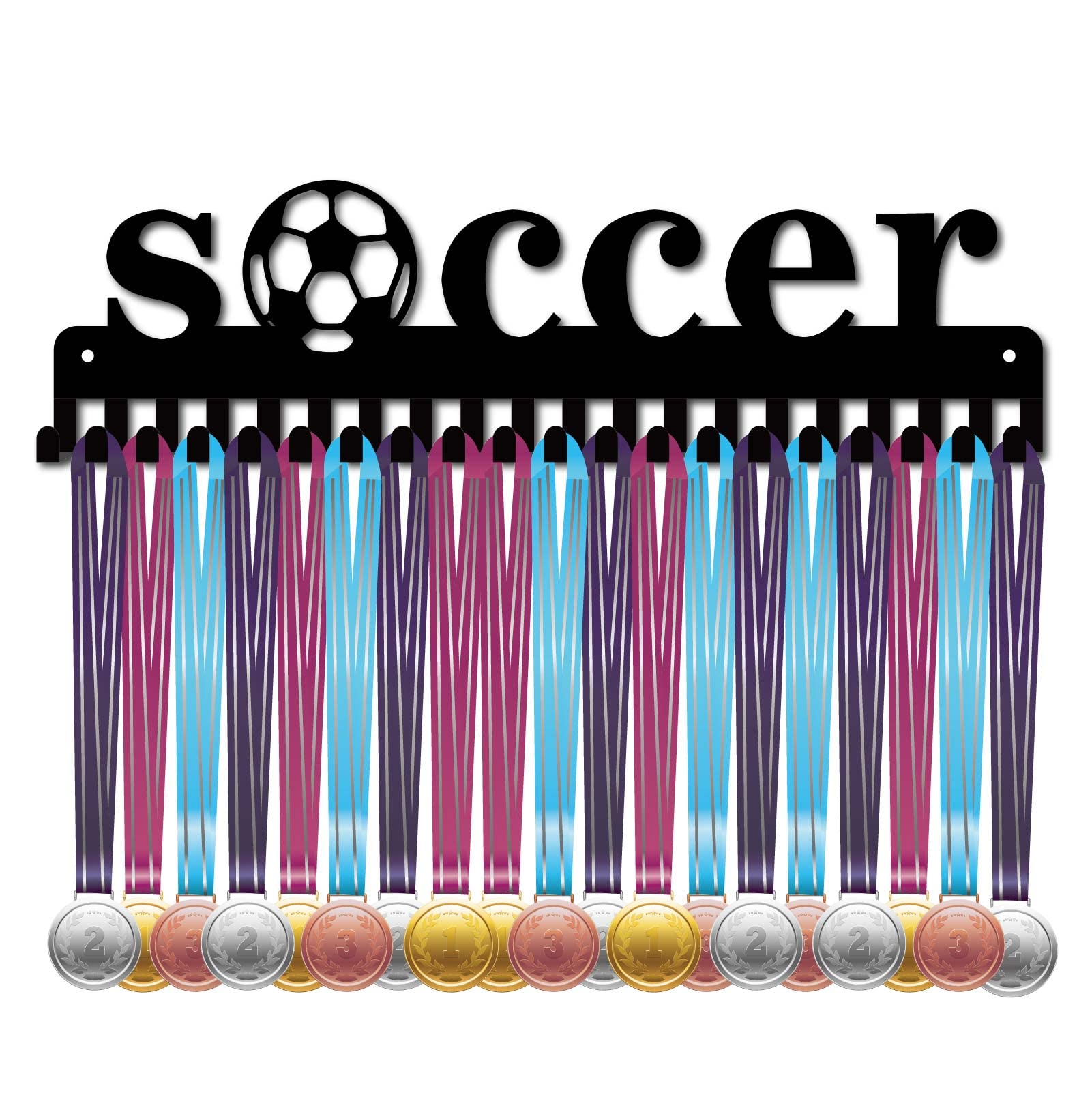 CREATCABIN Soporte para medallas, soporte de pared de metal para deportes, fútbol, con 20 ganchos, para carreras, fútbol, corredores, gimnasia, gimnasia, más de 60 medallas negro, 15.7 x 4.5 pulgadas