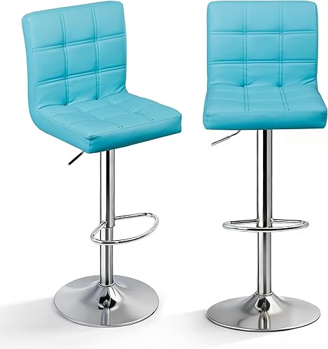 Miniatura 14 de SUPER DEAL Juego de 4 taburetes de bar para isla de cocina, modernos taburetes giratorios de piel sintética ajustables con respaldo cuadrado de