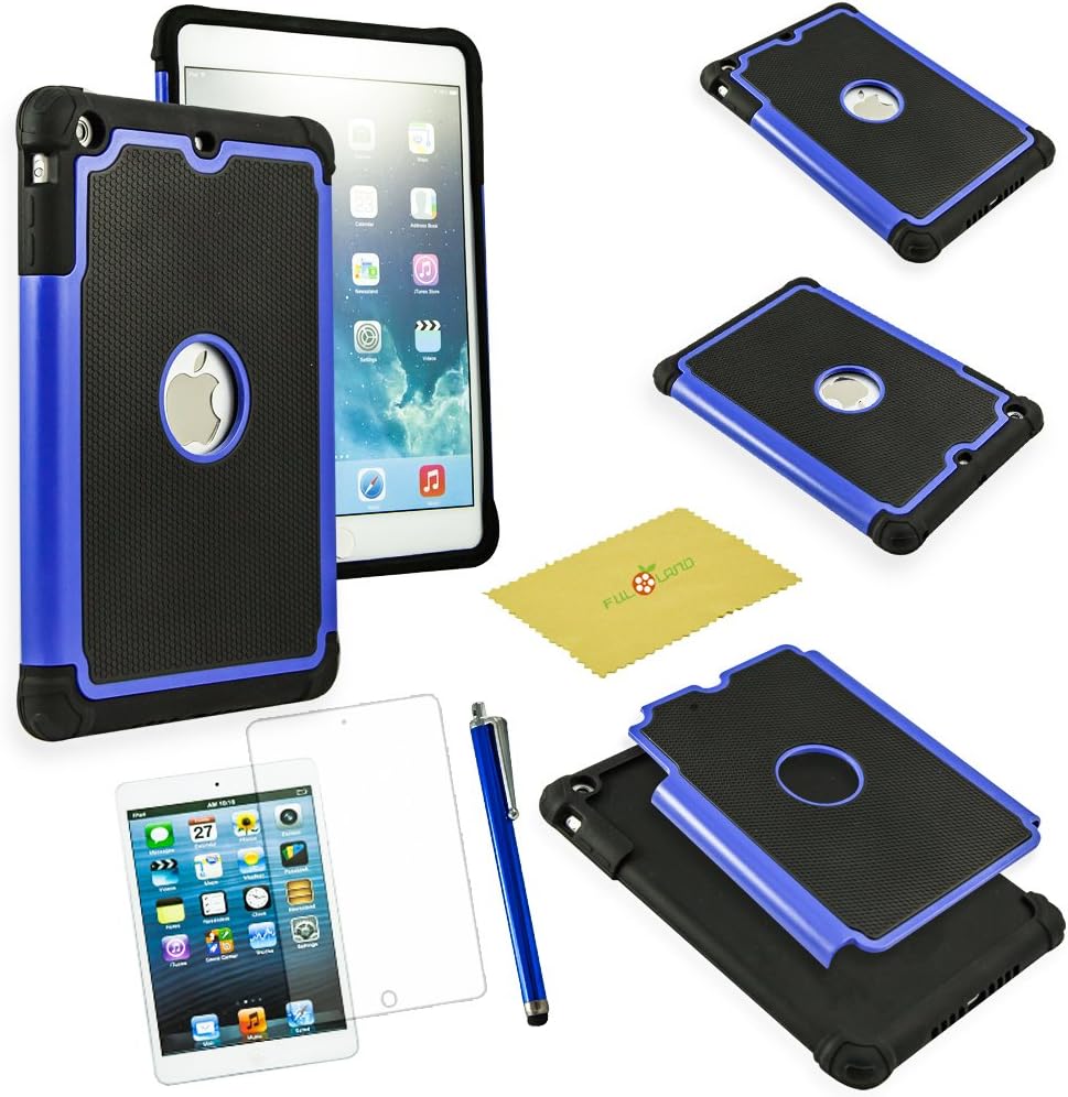 Fulland Hybrid Shockproof Dirt Proof Durable Rubber Case Cover for Apple Ipad Mini and New Ipad Mini 2 plus bonus Stylus Pen and Screen Protector-Blue/Black