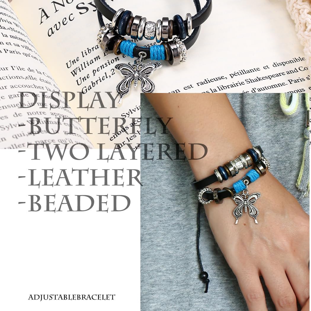 Leather Butterfly Bracelets Boho Beaded Bracelet Vintage Multilayer Bracelets Jewelry for Women - Image 3
