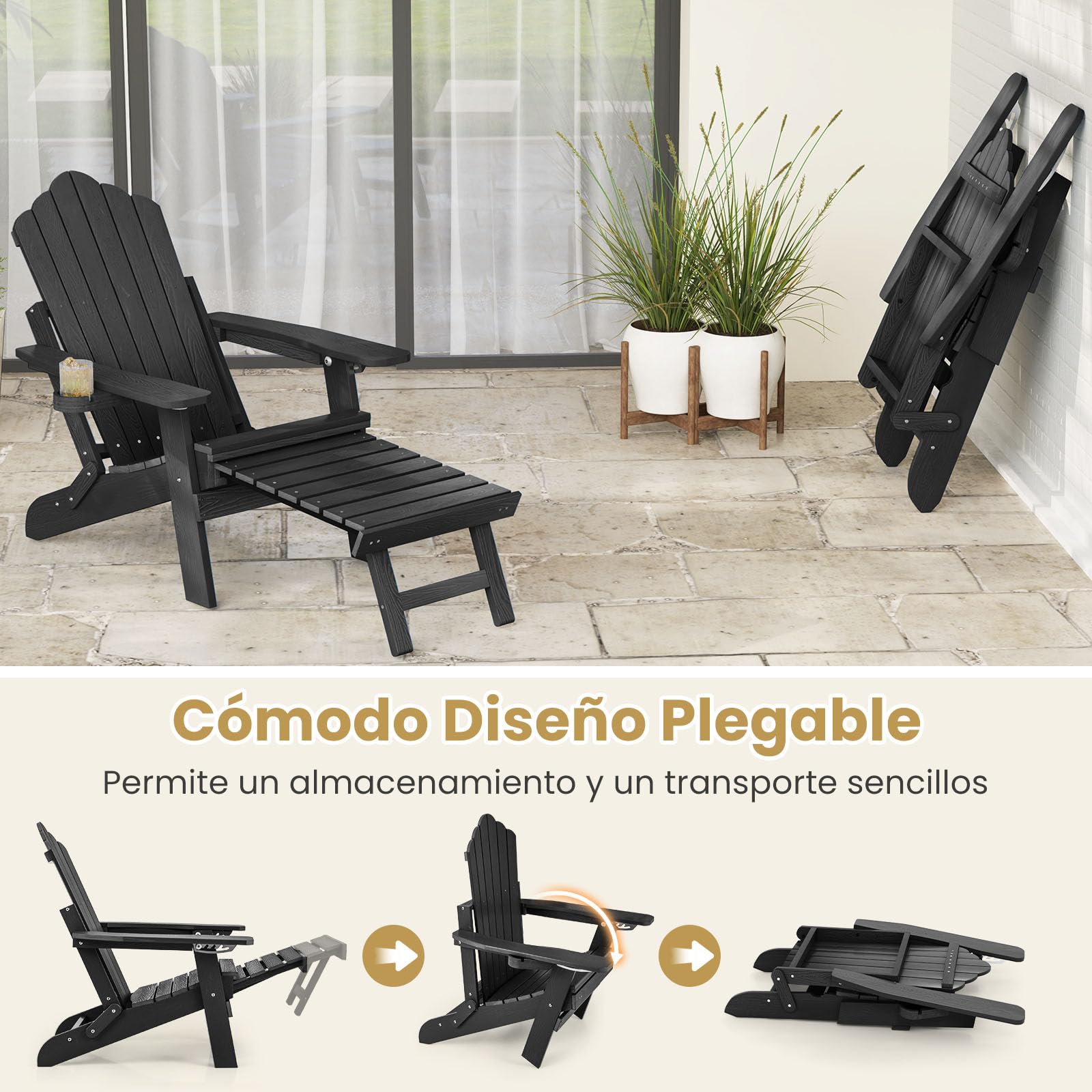 GIANTEX Silla Adirondack Plegable con Reposapiés Retráctil, Tumbona de Hips con Respaldo Ajustable y Portavasos, Carga hasta 180 kg, Silla de Relax para Jardín, Balcón, Patio (Negro)