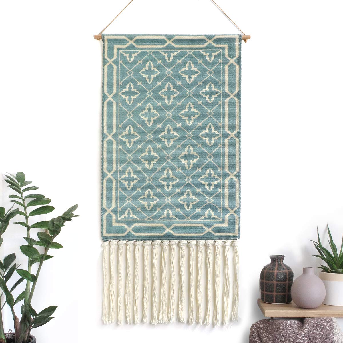 Dremisland Macrame Woven Wall Hanging Tapestry- Boho Chic Bohemian Home Decor Geometric Art Decor Boho Backdrop - Beautiful Apartment Dorm Room Door Decoration, 17.7" W x 32" L (Vintage Green)