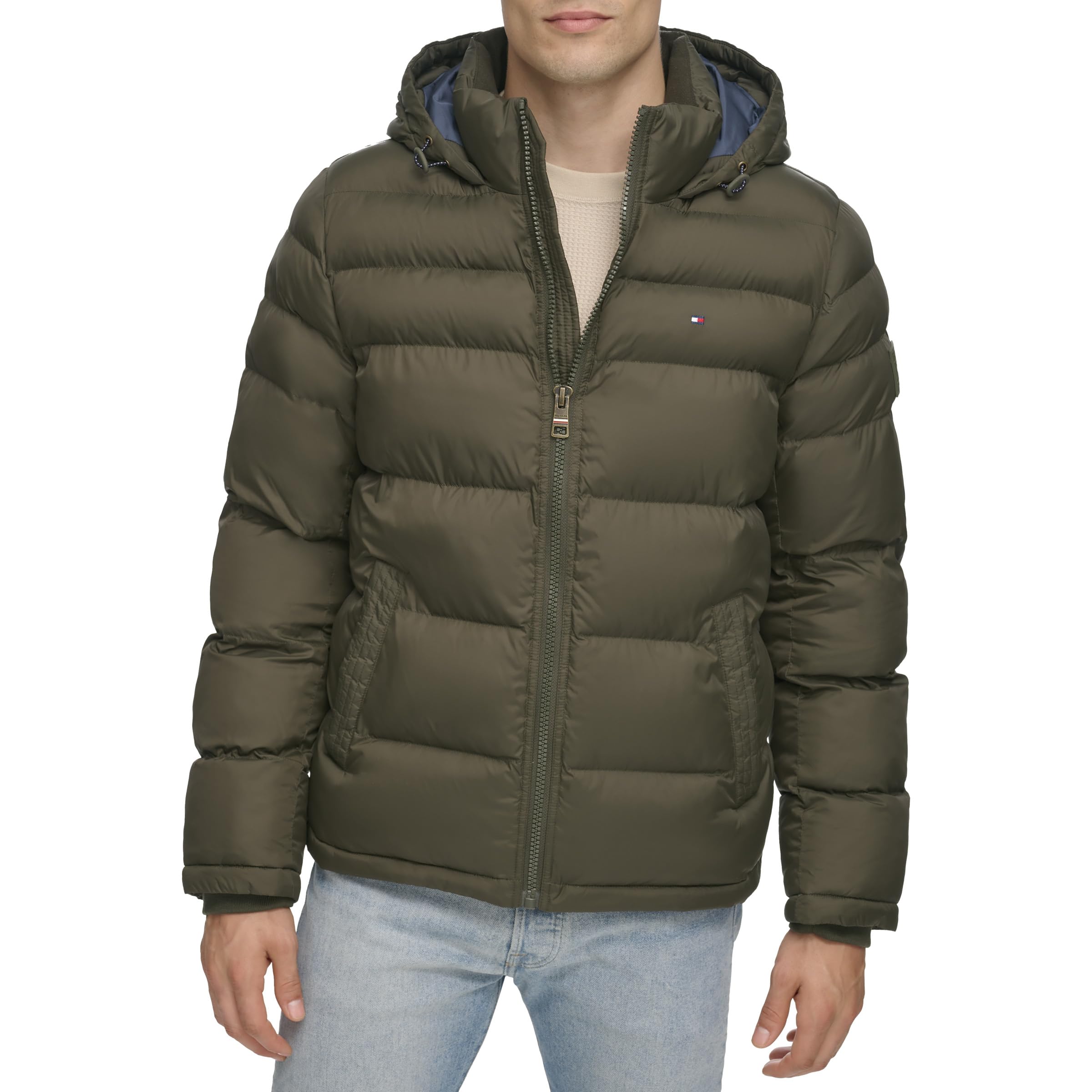 Tommy Hilfiger Men's Hooded Puffer Jacket, Olive, XS