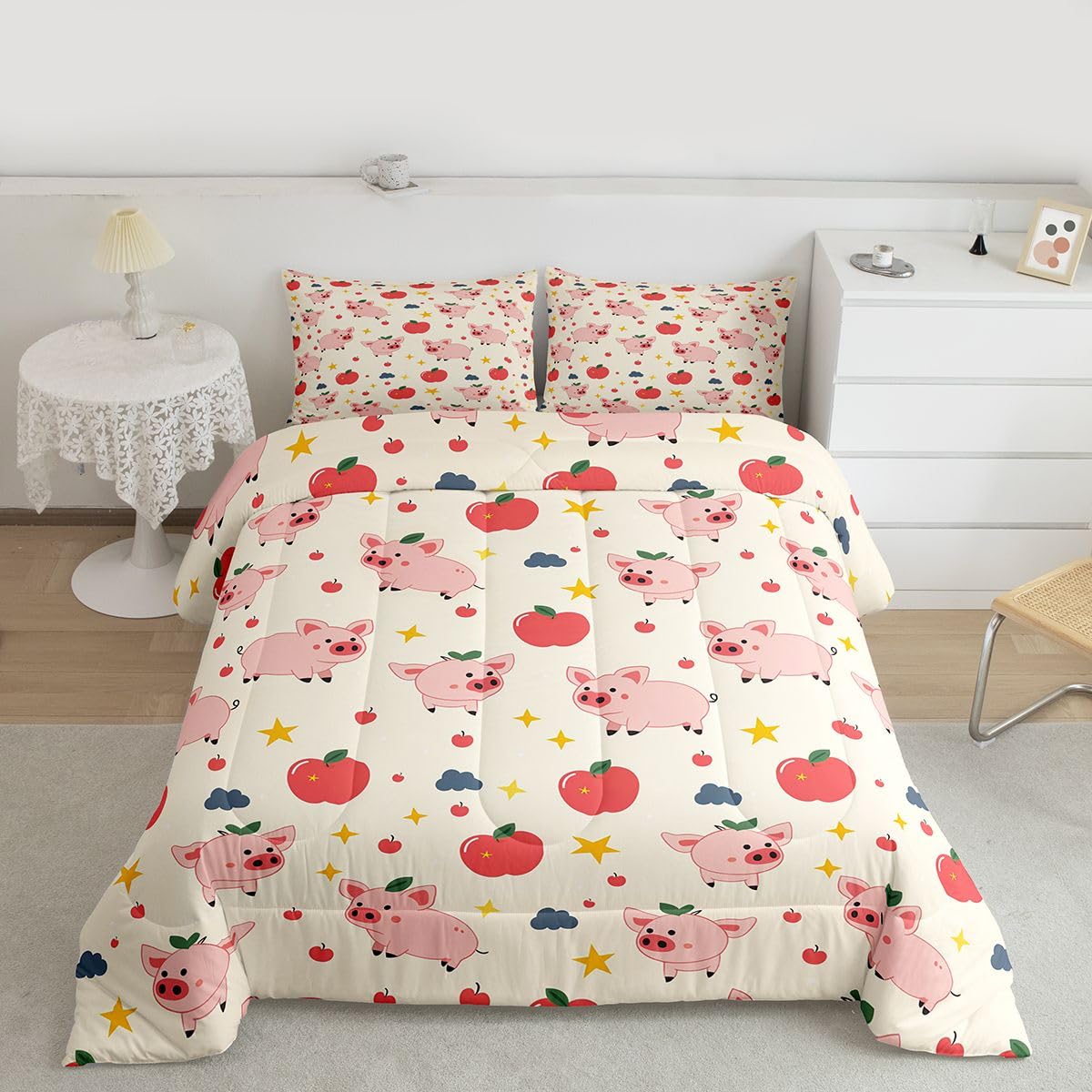 Castle Fairy Cute Pig Bedding Set Queen Size Cartoon Pet Pigs Apples Comforter Boys Girls Bedroom Decor Farm Animal Comforter Set Pink 3Pcs Quilt Set,2 Pillowcase