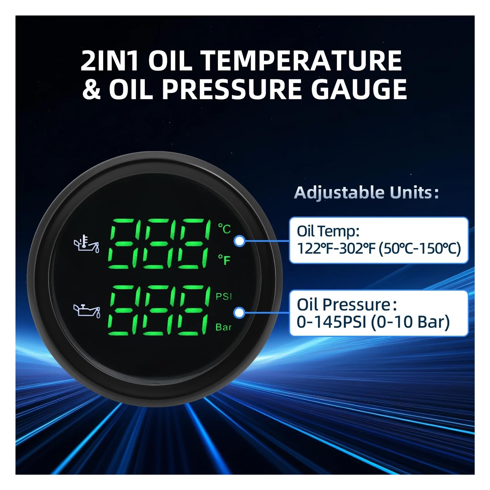 Medidor digital dual de 52 mm for automóvil, temperatura del aceite + medidor de presión de aceite con sensor de alarma, 50-150 ℃, 0-10 BAR rojo, LED verde Alta visibilidad(Green LED BS)