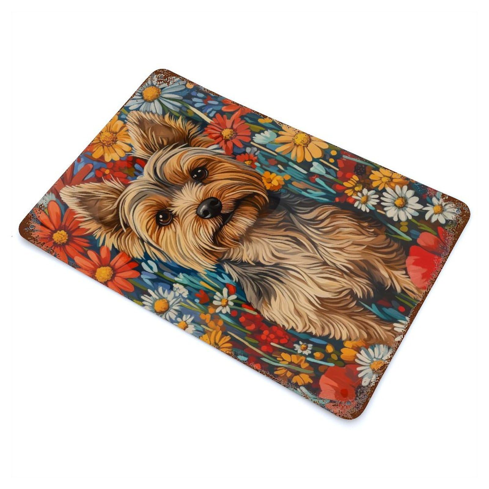 Yorkshire Terrier in Flowers Dog Wall Art Print Decorative Tin Sign 11.8"x7.9", Ideal for Garage, Bar And Workshop Decor