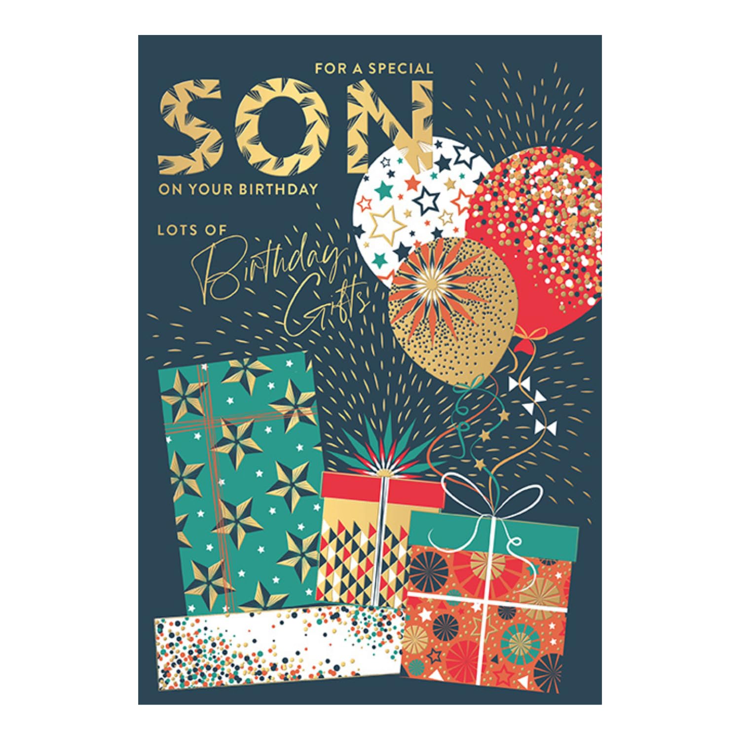 Words and Wishes Special Son Birthday Card - Wrapped Gifts and Balloons with Embossed Foil Finish