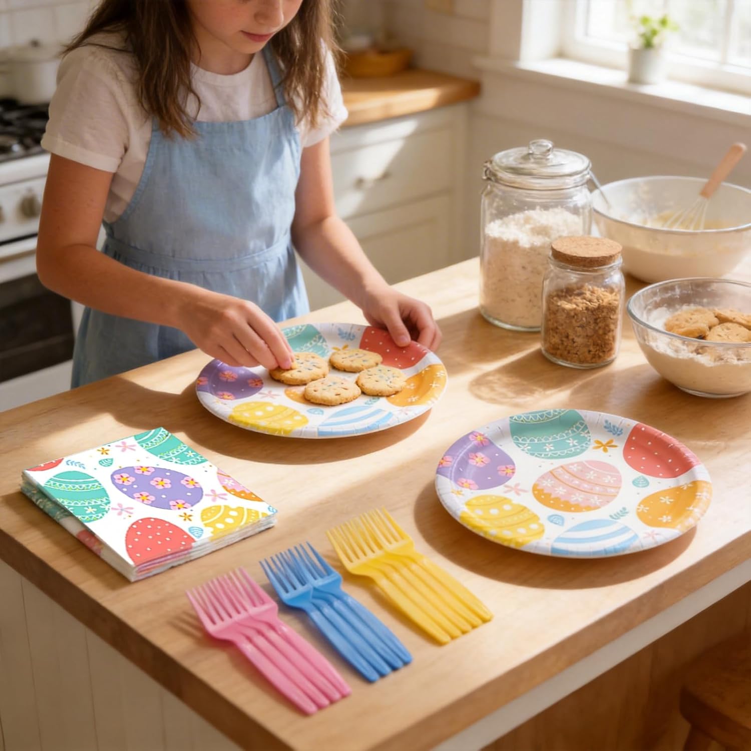 96Pcs Easter Tableware Set- Colorful Eggs Pattern Disposable Dinnerware with Paper Plates, Napkins, Forks for Holiday Dinners, Parties, and Spring Celebrations, Serves 24