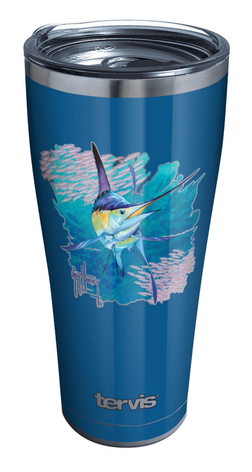 TervisTervis 1349657 Guy Harvey - Offshore Haul Marlin Stainless Steel Insulated Tumbler with Clear and Black Hammer Lid, 30oz, Silver