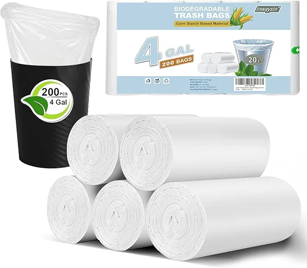Small Trash Bags Bathroom Garbage Bags 4 Gallon, Inwaysin 15-20 Liter White Mini Trash Bags, Office Waste Basket Liners Compostable Plant Based Bin Bags, 200 Count