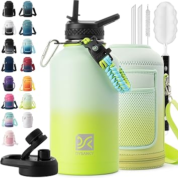 Insulated Water Bottle | Thickened Stainless Steel Vacuum Metal | Portable Sports Half Gallon Large Water Jug for Gym and Hiking with Straw, Carrier Bag, Handle Strap | BPA-Free 64 oz