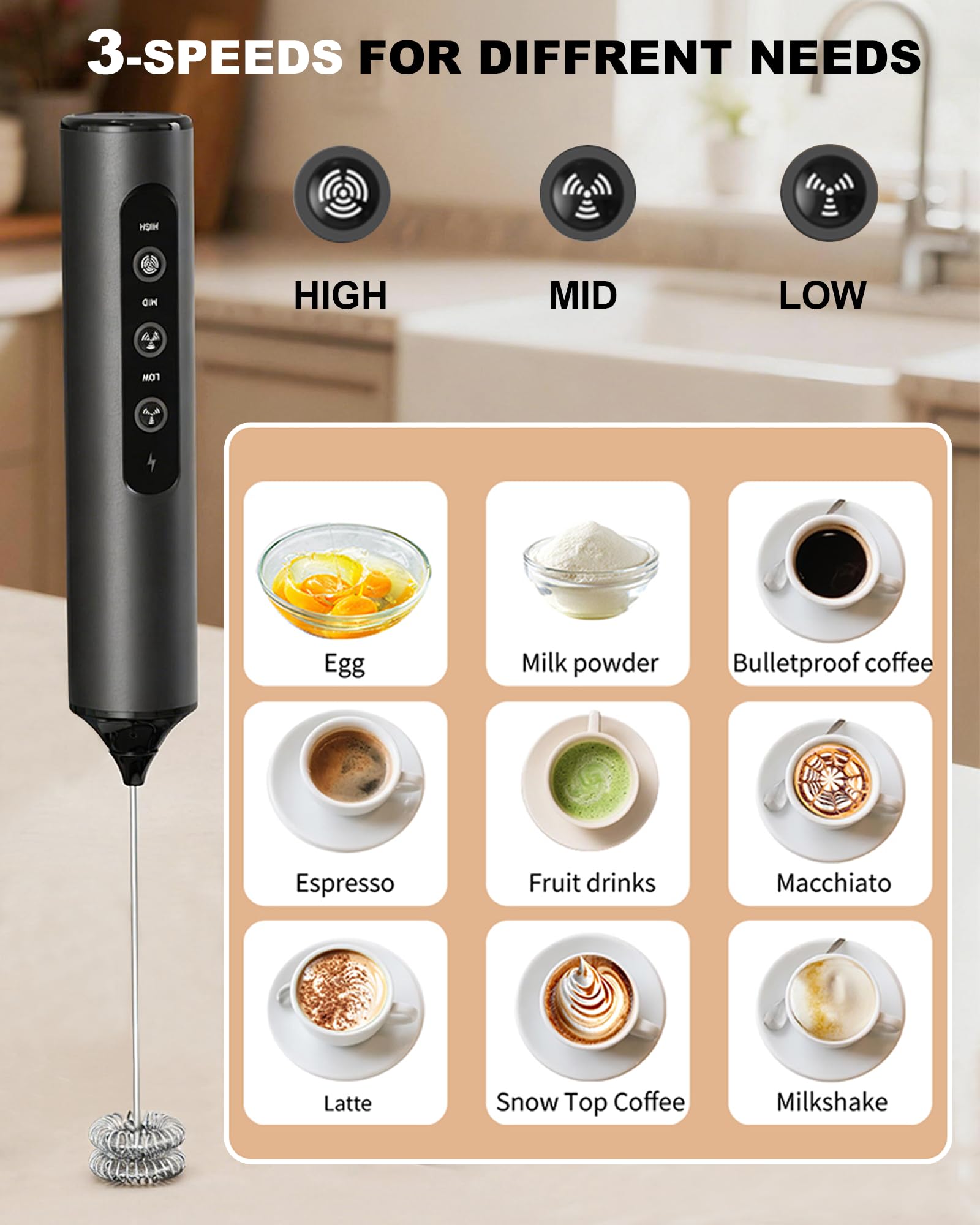 Mousseur à lait rechargeable avec boîte, mousseur à café portable à 3 vitesses avec 3 fouets, baguette mousseuse électrique pour café, latte, cappuccino, chocolat chaud, matcha et œuf, noir