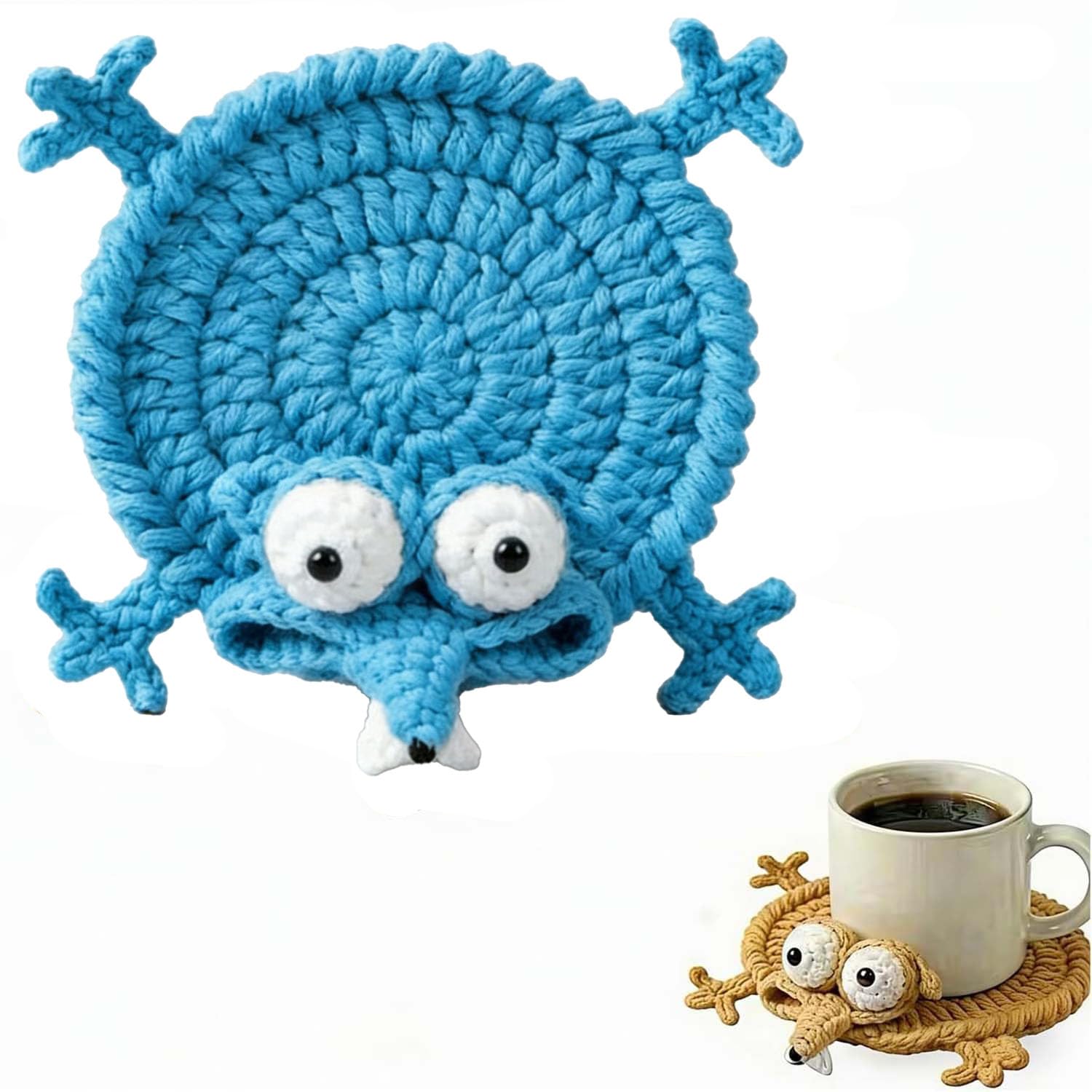 Funny Hand Crocheted Squirrel Coaster, Cute Handmade 3D Animal Mug Coaster, Novelty Knitted Cup Mat Desk Decor, Unique Whimsical Drink Coaster for Coffee & Animal Lovers (Blue) — image 1