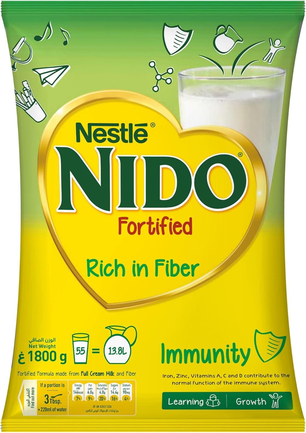 Nestle Nido Fortified Milk Powder Rich in Fiber 1.8kg, Tin, Fortified with Iron, Zinc and essential nutrients, supports immune system
