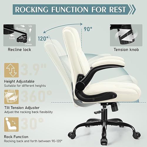 Miniatura 7 de Silla de cuero PU con soporte ergonómico lumbar, gira 360, pequeña, ruedas, reposabrazos ajustables, para gente chaparra, para escritorio,