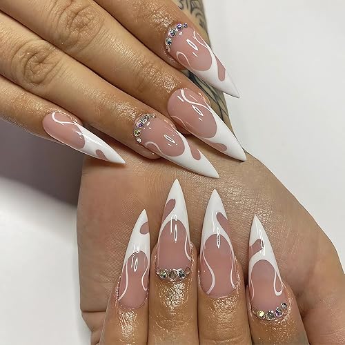 MISUD Uñas postizas largas a presión con forma de almendra, uñas postizas brillantes con pegamento en uñas francesas de punta francesa, uñas