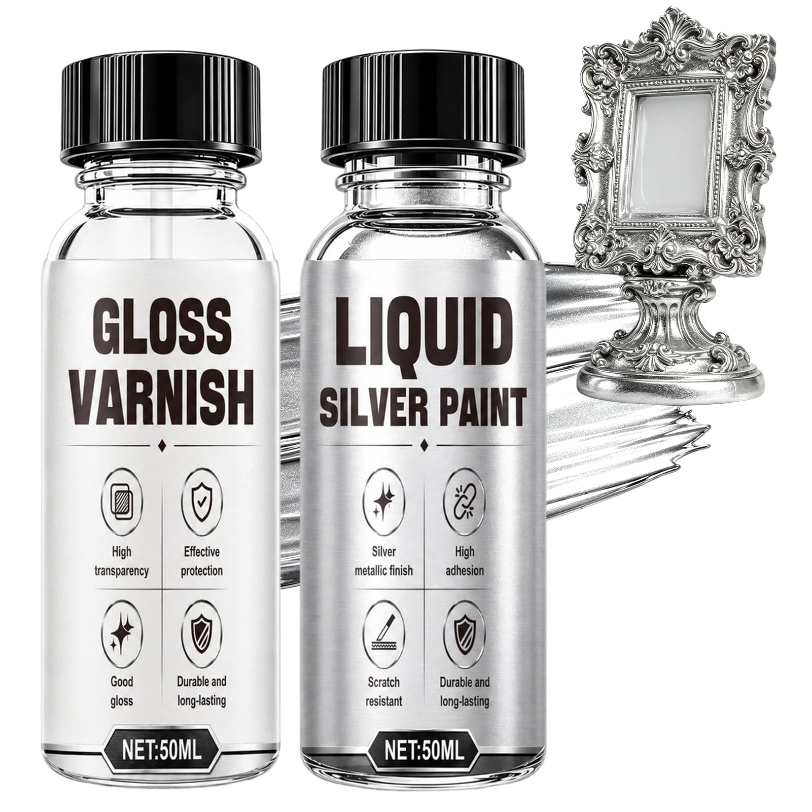 Liquid Silver Leaf Paint, Chrome Paint for Metal, Quick-Drying, Waterproof