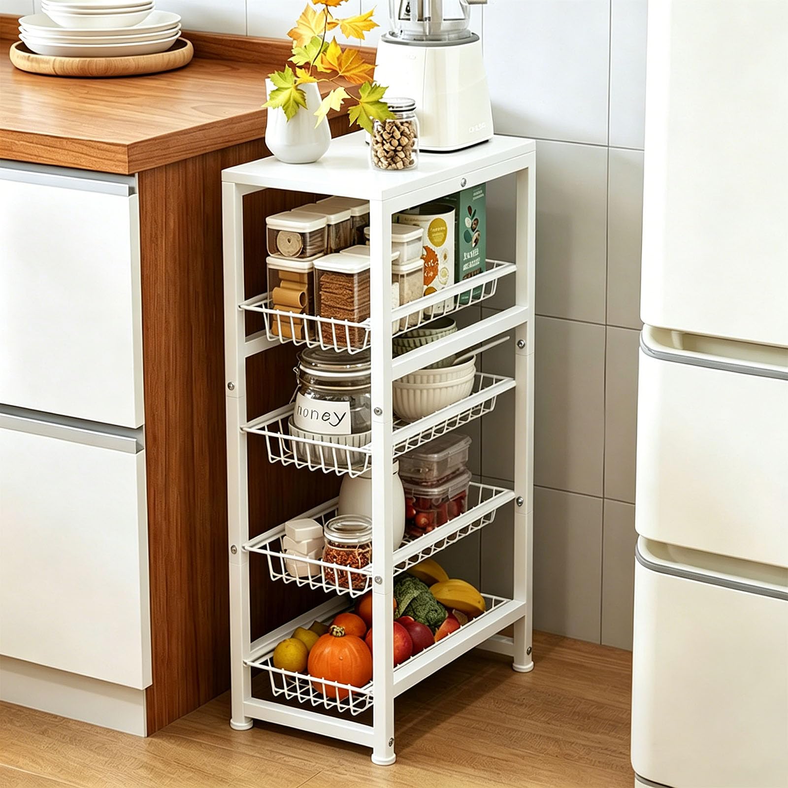 5-Tier Slim Storage Trolley,Metal Kitchen Storage Cart with Pull-Out Basket