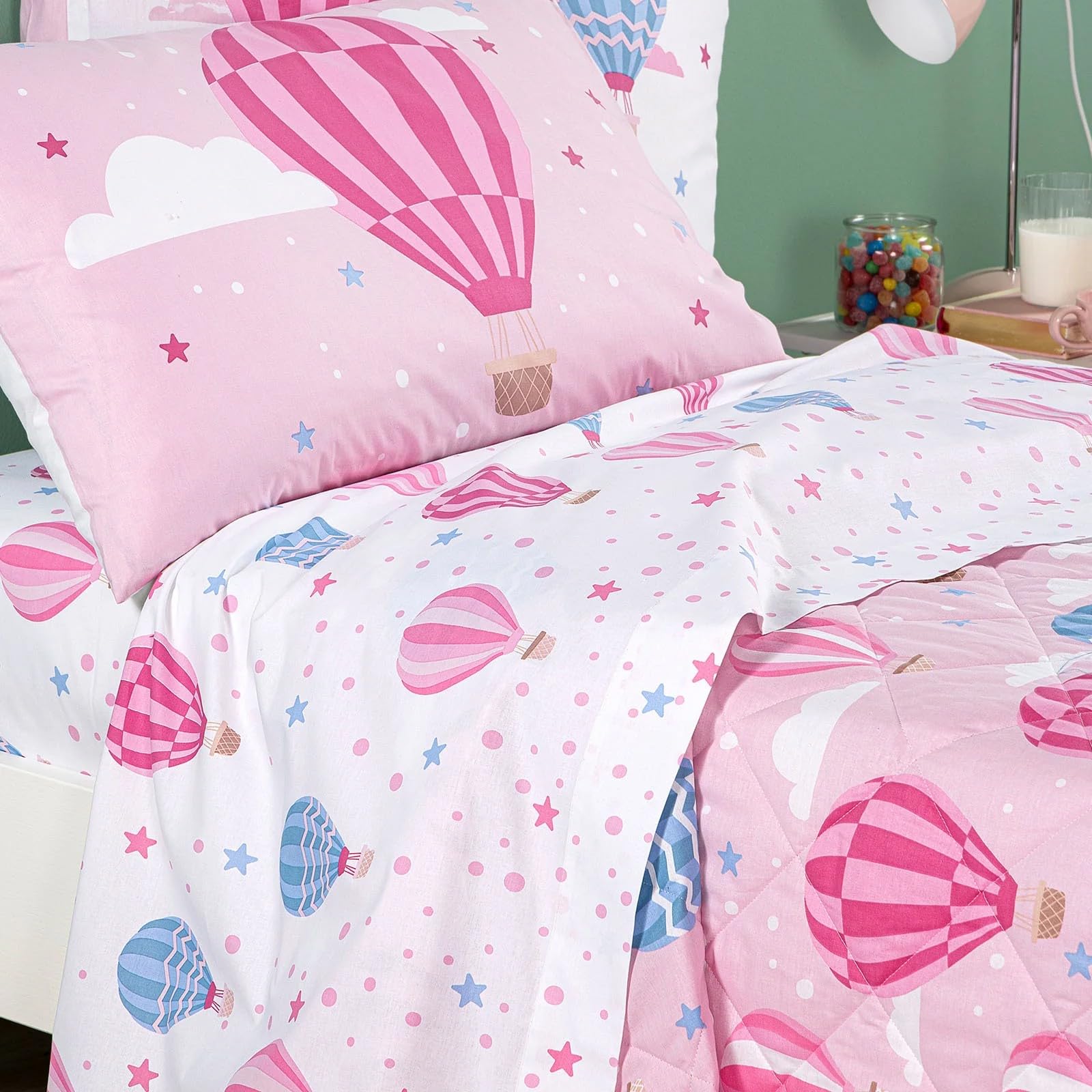 Caleffi Completo Lenzuola Letto Singolo Art. Star in 100% Cotone – Fantasia Mongolfiere Rosa con Federa Double Face
