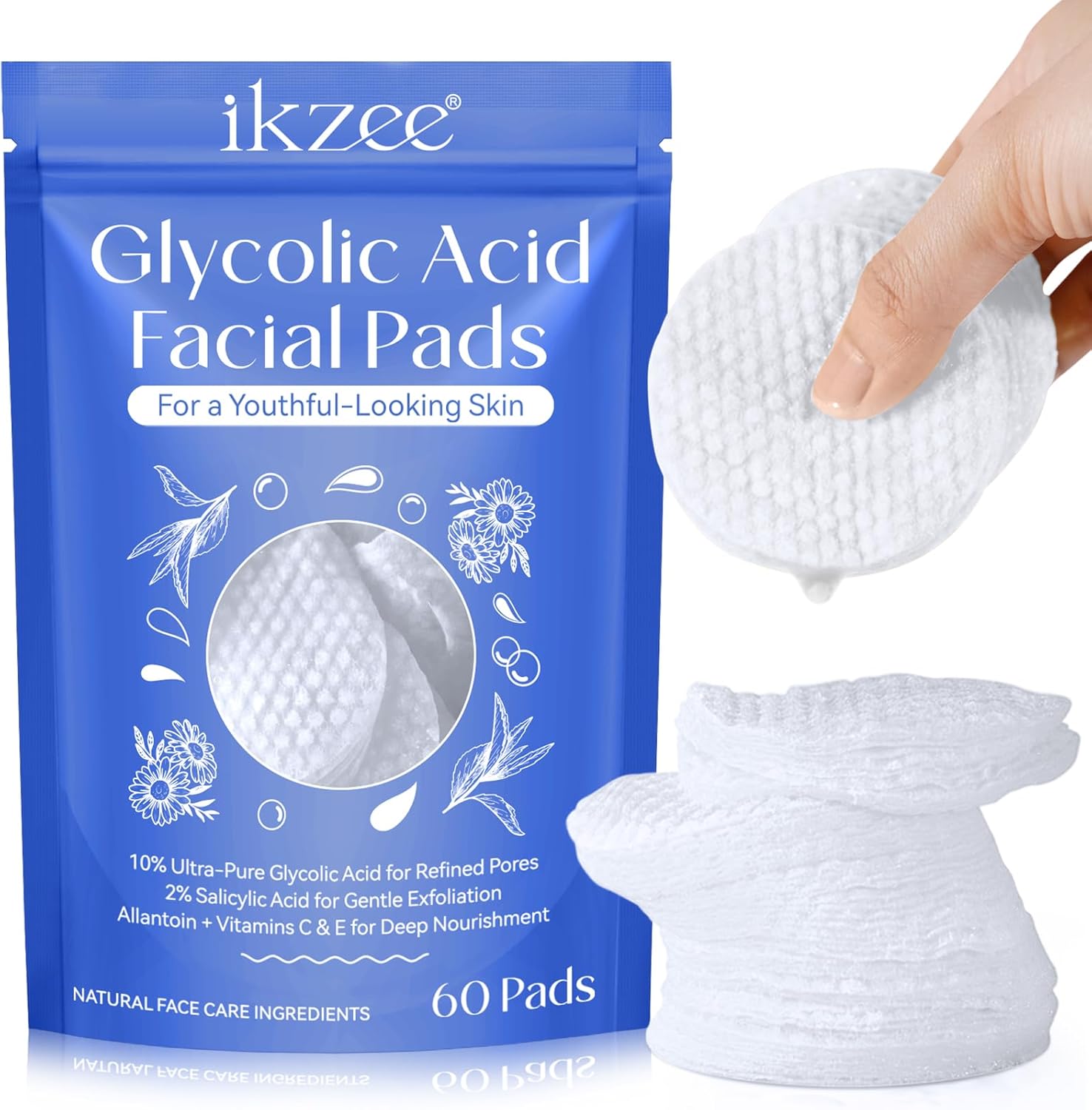 Glycolic Acid Face Pads 60 Pieces – 10% Glycolic Acid +2% Salicylic Acid for Gentle Peel, Refined Pores. Allantoin + Vitamin C & E for Deep Nutrition, Radiant Skin Renewal.
