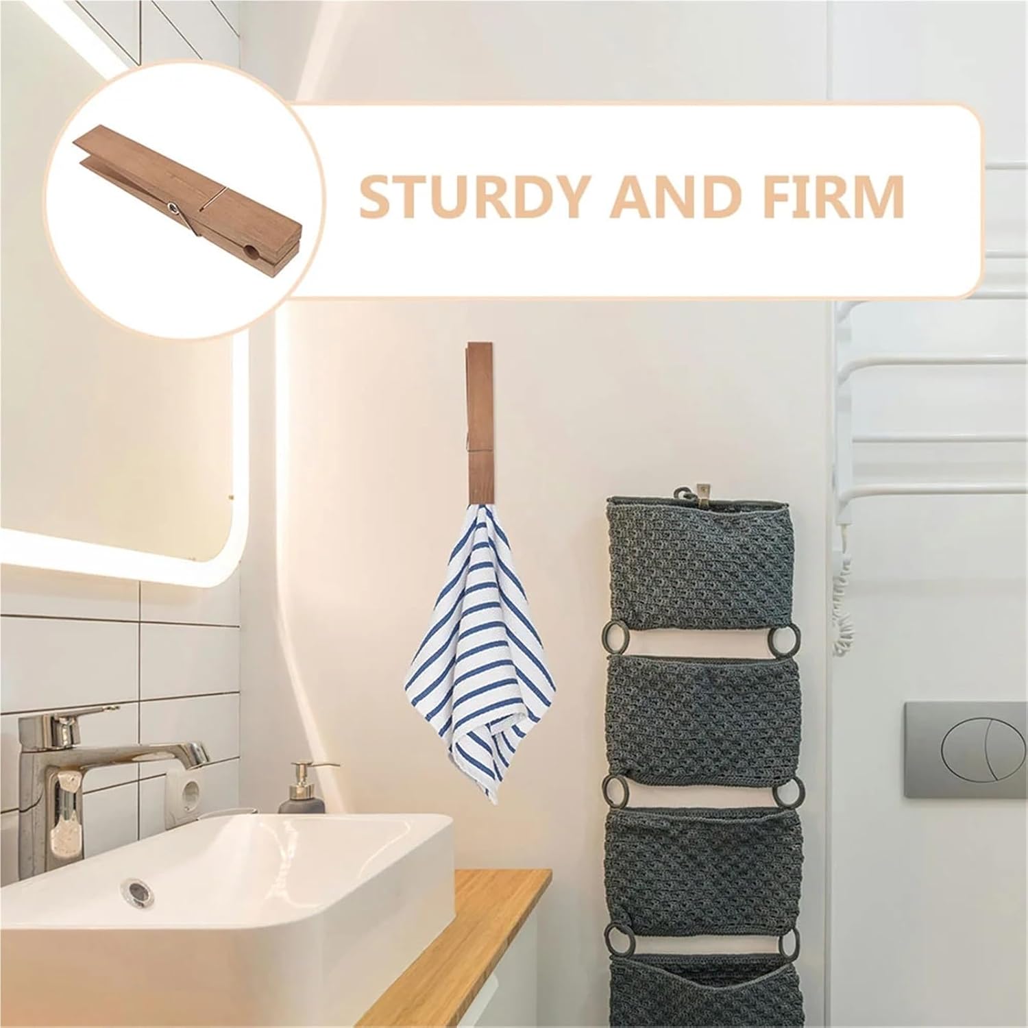 Wooden Clothespins for Laundry Large Towel Holder Fixing Clip Clothes Peg Photo Clips(White 20x4cm)